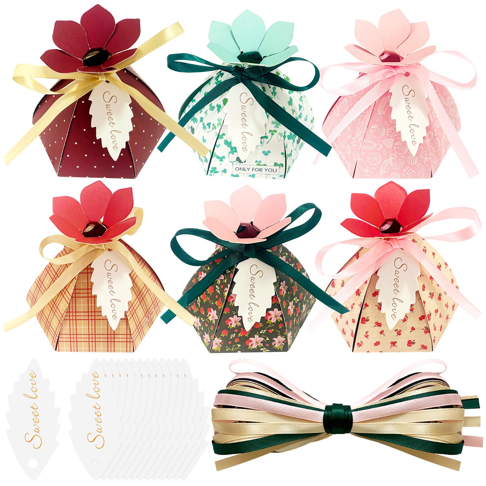 CHolic 48Pcs Party Favor Candy Box, Petal Shaped Gift Candy Box with Tags and Ribbons for Flower Themed Party, Bridal Shower, Wedding Decorations, Candy Table Decorations