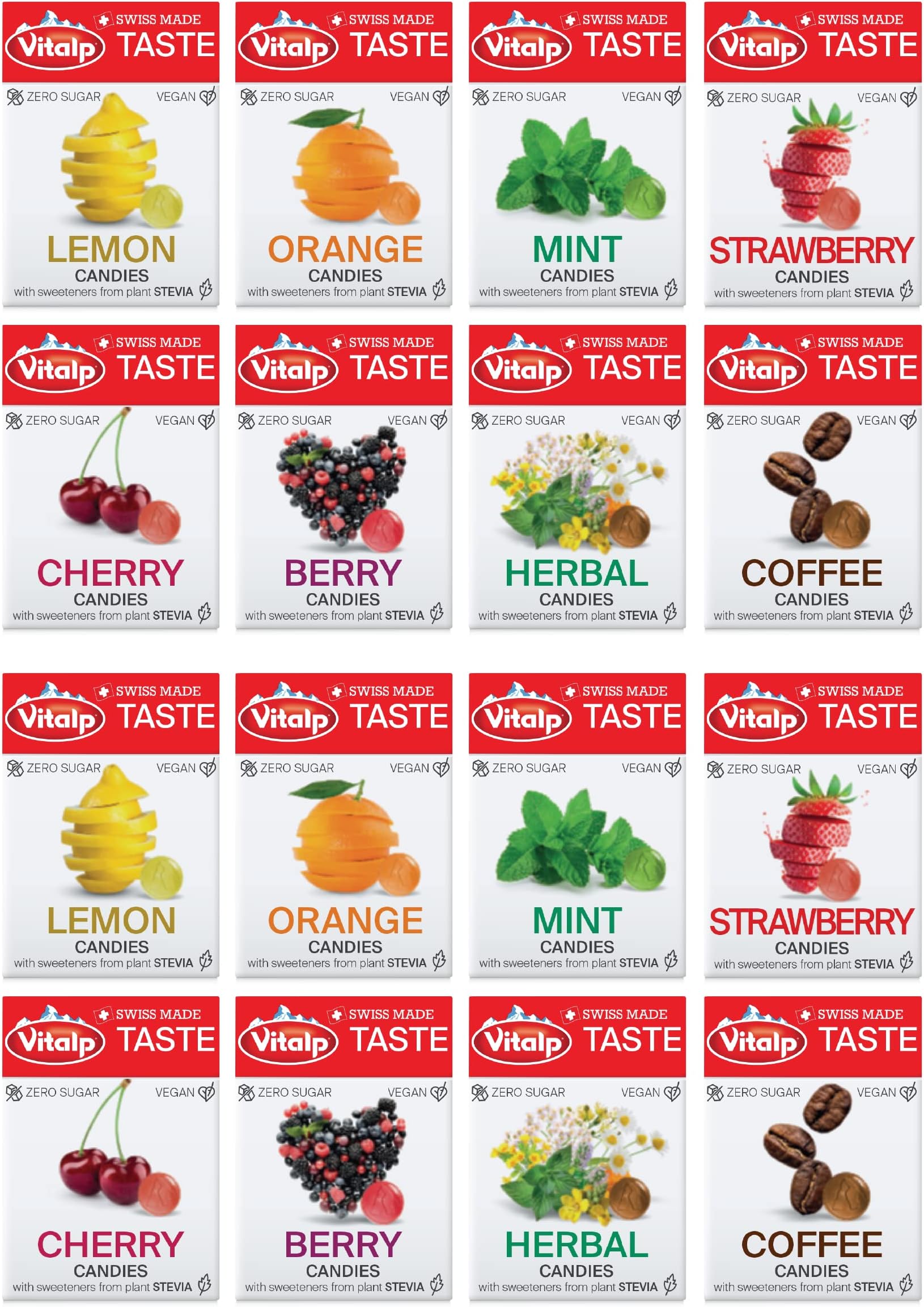 Vitalp Taste, Swiss Made, Sugar Free Candy with Stevia, Vegan, Variety Pack, 2 Boxes of Lemon, Strawberry, Orange, Berry, Cherry, Coffee, Mint, and Herbal, 25g/0.88 Ounce Packs, 16 Boxes Total