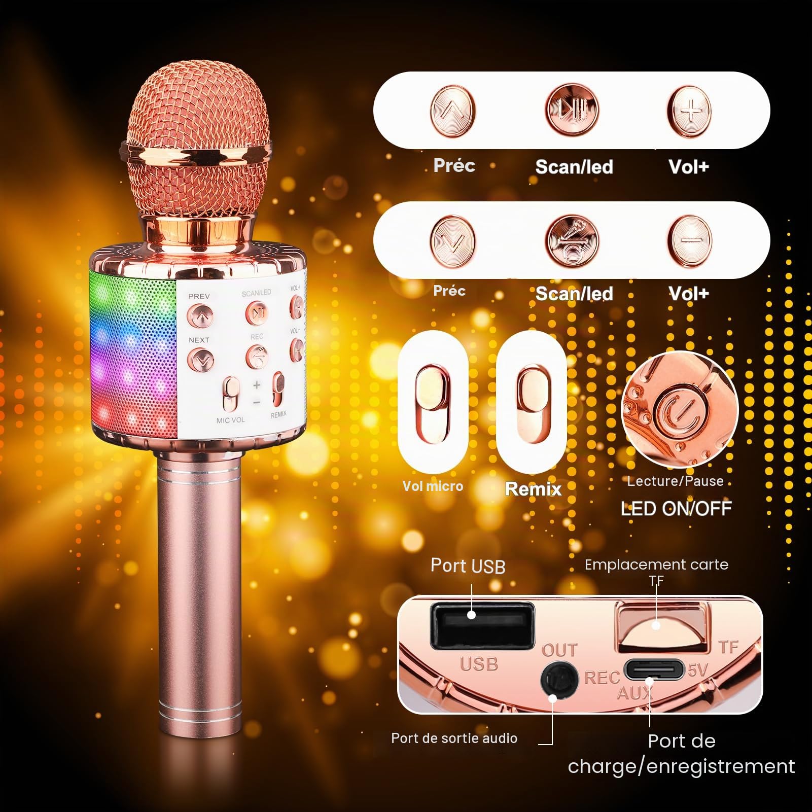 ShinePick Microphone Karaoke sans Fil, Micro Karaoké Bluetooth Portable avec LED Lumière Disco pour Enfants/Adultes Chanter, Compatible avec Android/iOS/PC/Smartphone (Or Rose)