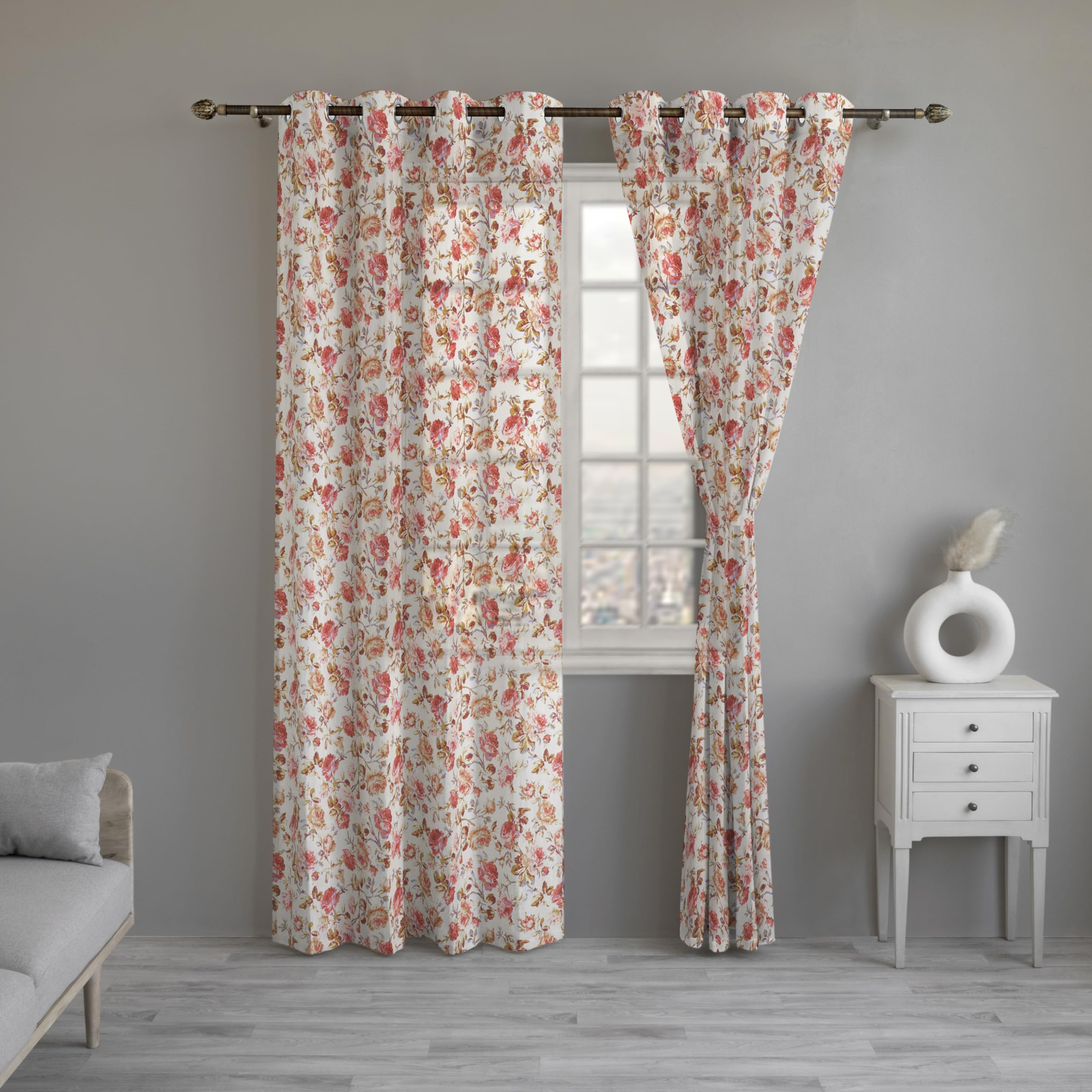 LINENWALAS Sheer Curtains, Set of 2 Red Rose Tulip Curtains, Door Curtain, Printed Curtains 7 feet Long Set of 2, Cotton Linen Curtains with Eyelet Rings Draperies (4.5x7ft)
