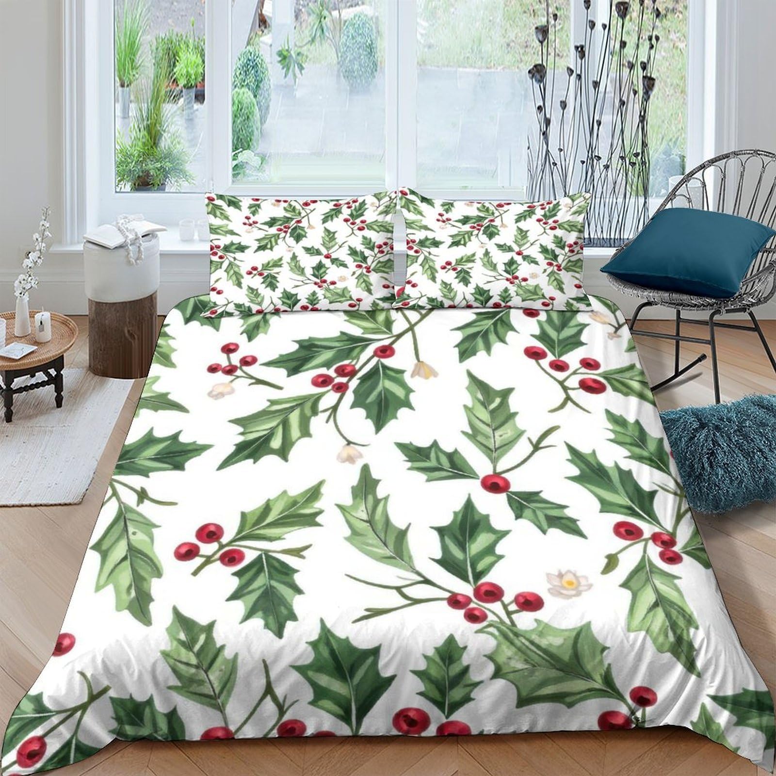 Ctjqhvkz Style-5 3D Printed Holly Leaf Fitted Sheet Microfiber Soft Festive Berry Bed Cover Decor For Bedroom Guest Room Single（135X200cm）