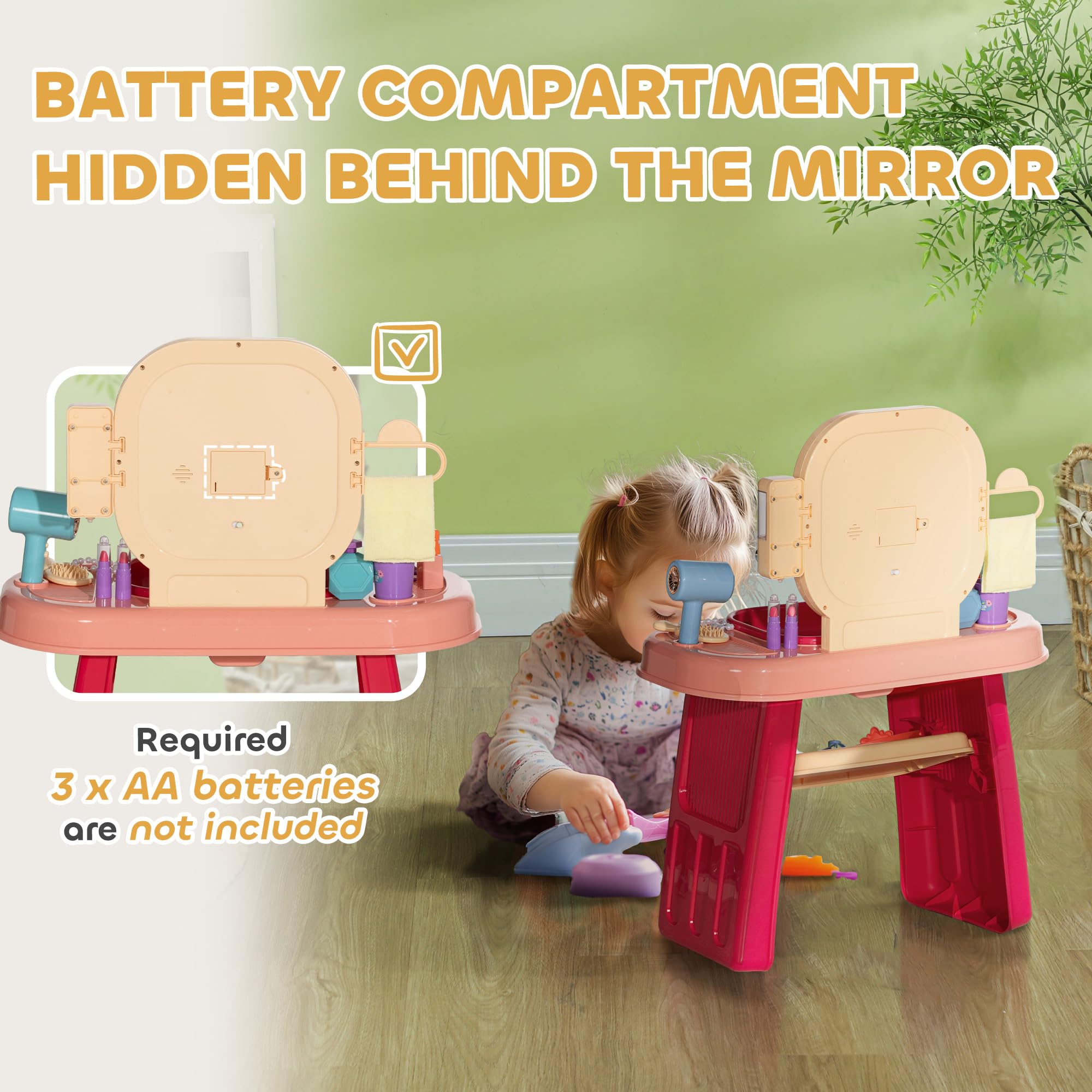 AIYAPLAY - Juego de tocador para niños, 23 Unidades, Mesa de Maquillaje con Espejo, luz LED y música, para niños de 3 a 6 años, Color Rosa