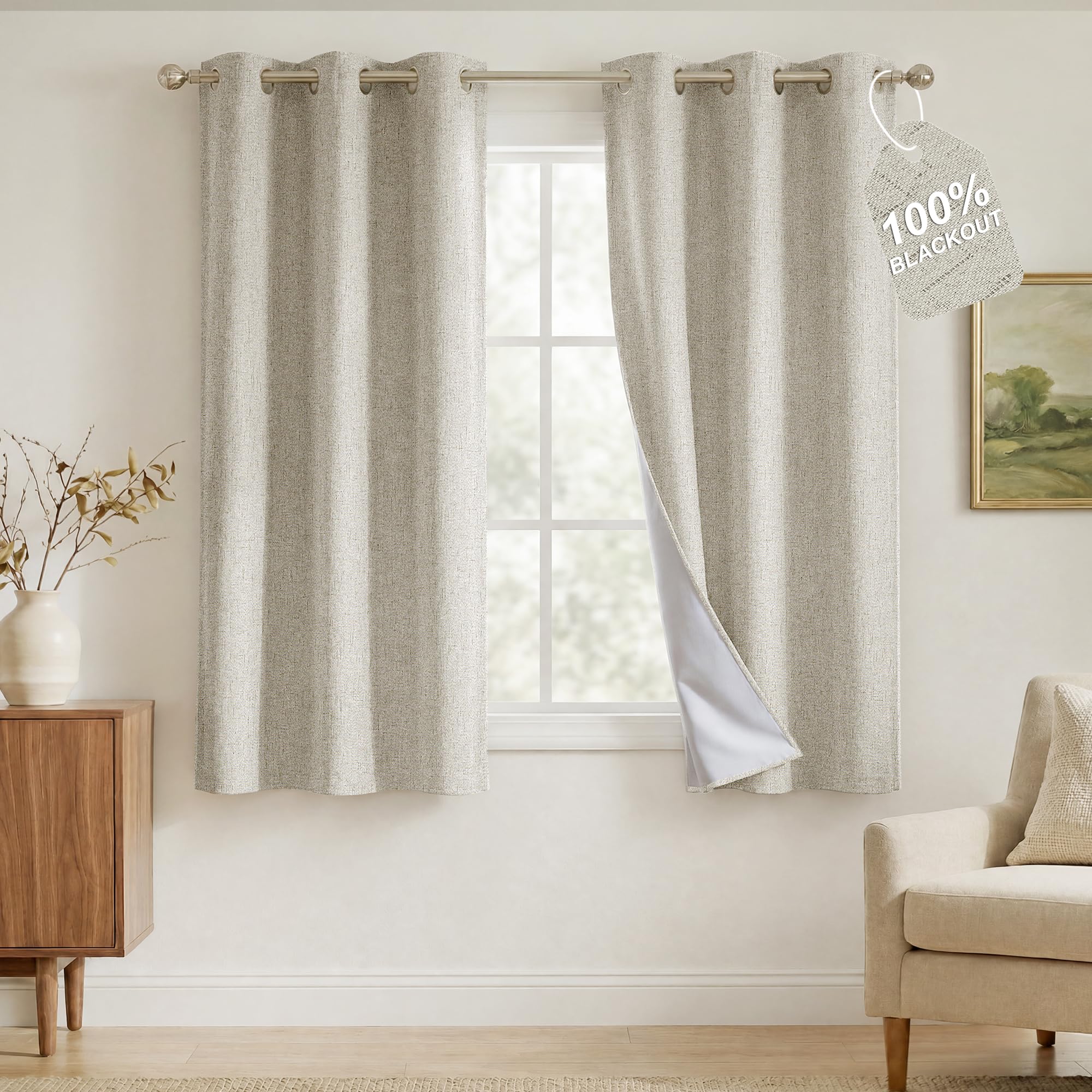 NICETOWN 100% Blackout Linen Blend Ivory Curtain for Bedroom W34 x L60