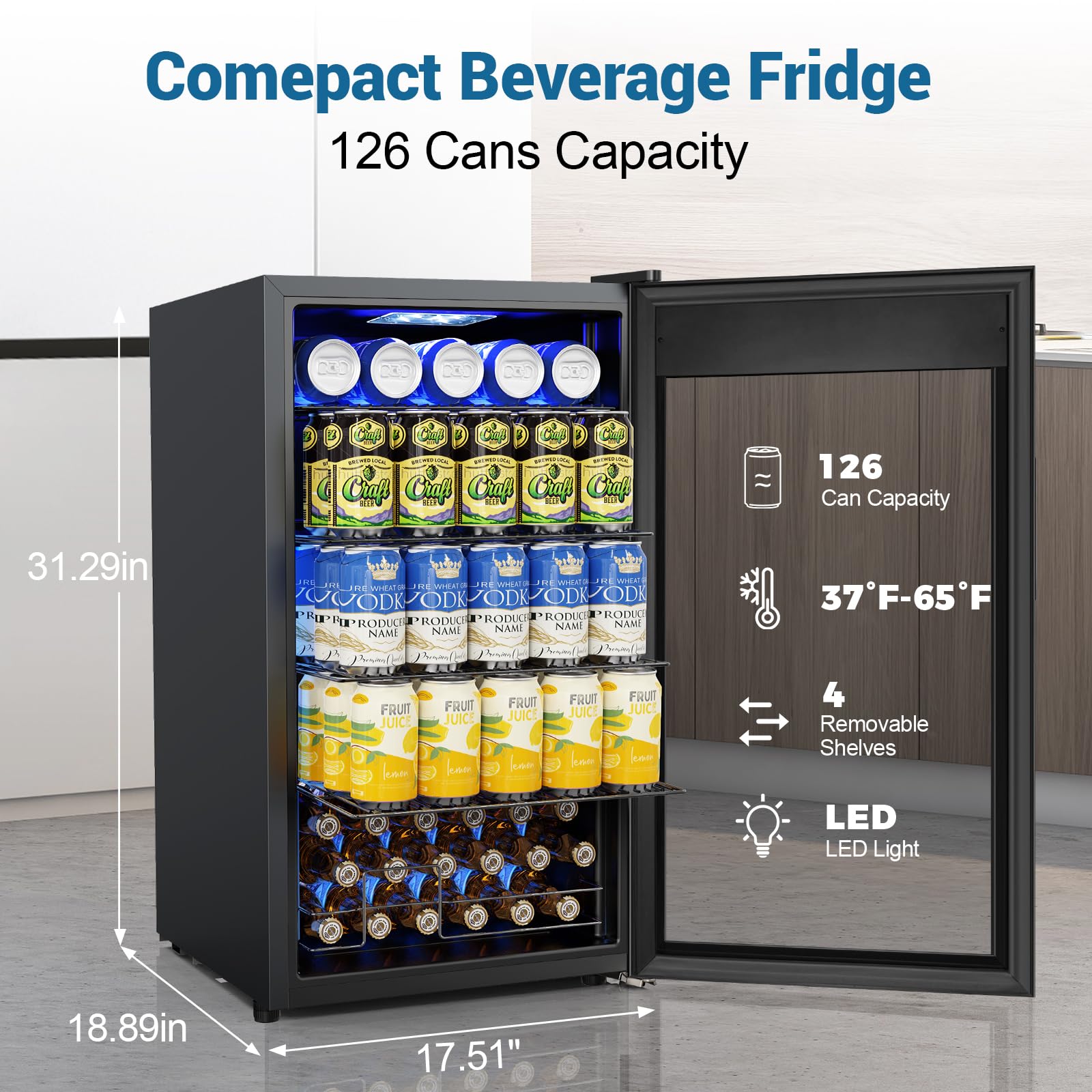 Velivi Mini Fridge 3.2 Cu.Ft Small Beverage Refrigerator 126 Can Lockable Drink Cooler With Glass Door, Safety Lock, For Beer Soda Black on Fridge.com - View 2
