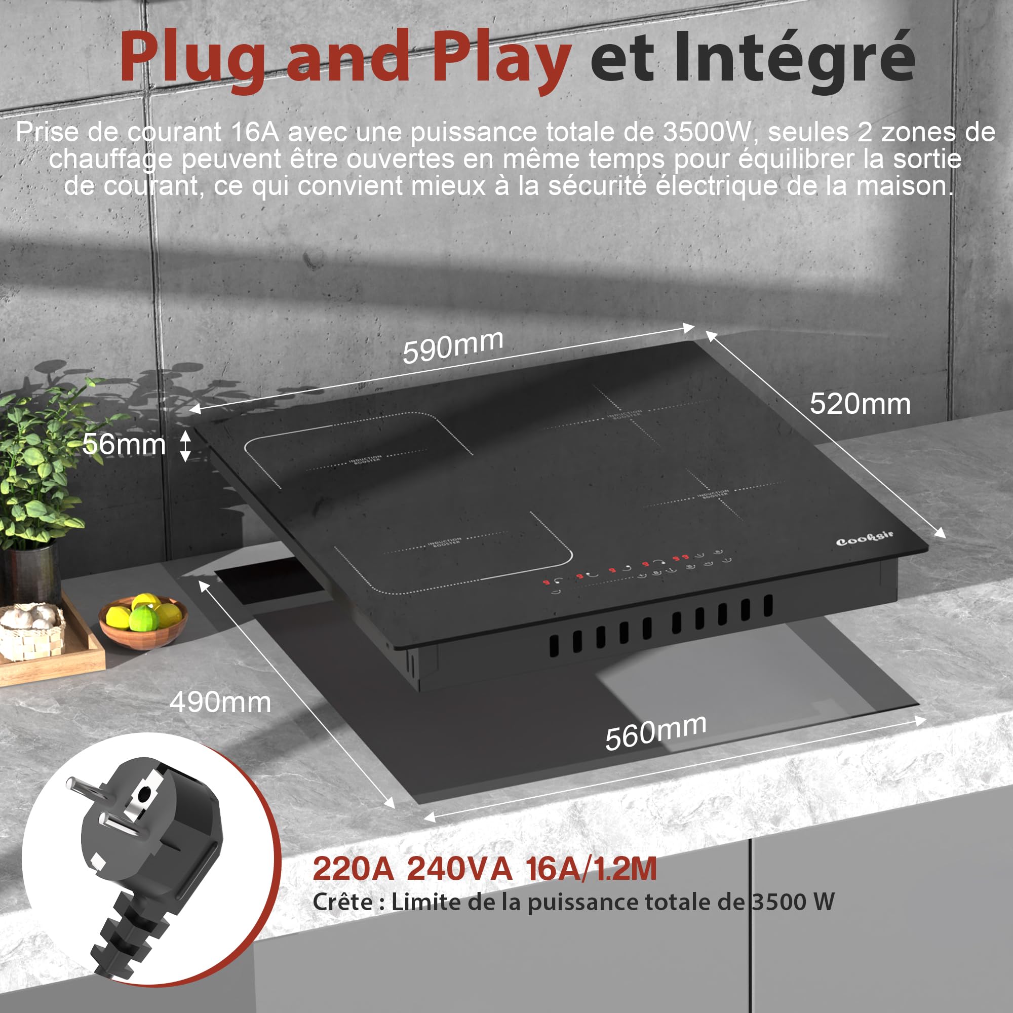 Four et plaque à induction: Four Encastrable 60CM avec 4 Fonctions & 65 Liters+Plaque Induction 4 Feux avec Prise 60CM Encastrable