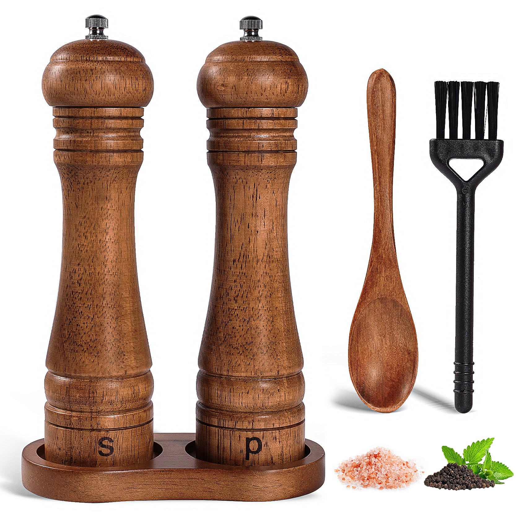 DEBETOOL Conjunto de moedor de sal e pimenta de madeira com suporte - Conjunto de moedor