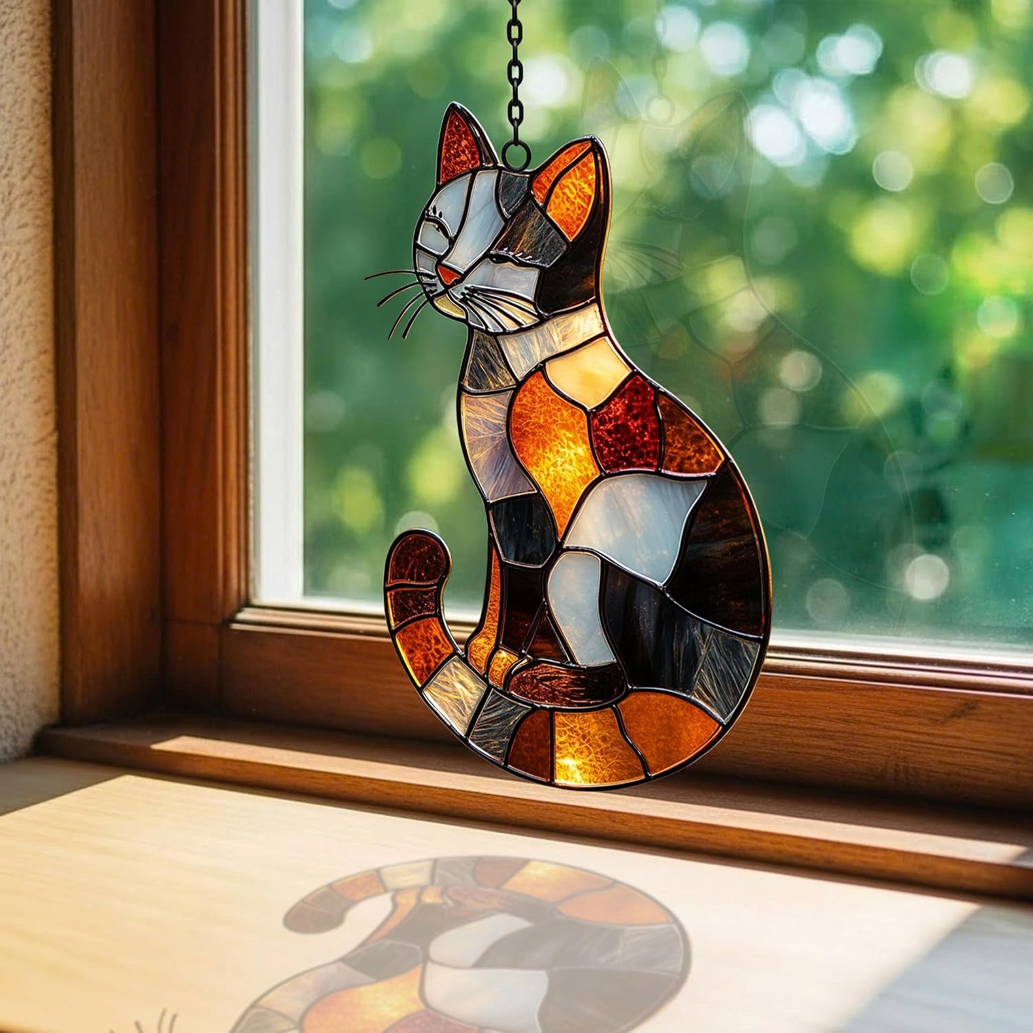 Vibrant Mosaic Calico Cat Art Acrylic Suncatcher Stained Glass Effect Window Car Hanging Christmas Ornament Indoor Outdoor Decor Garden Sun Catcher Panel Gifts for Cat Lover for Women Mom Grandma