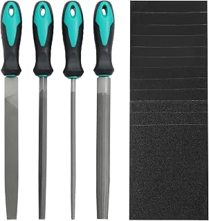 YANMAKE 4PCS 8 Inch Metal File Set with Handles & 12PCS Sandpaper - Steel Files for Metalworking, Shaping & Deburring