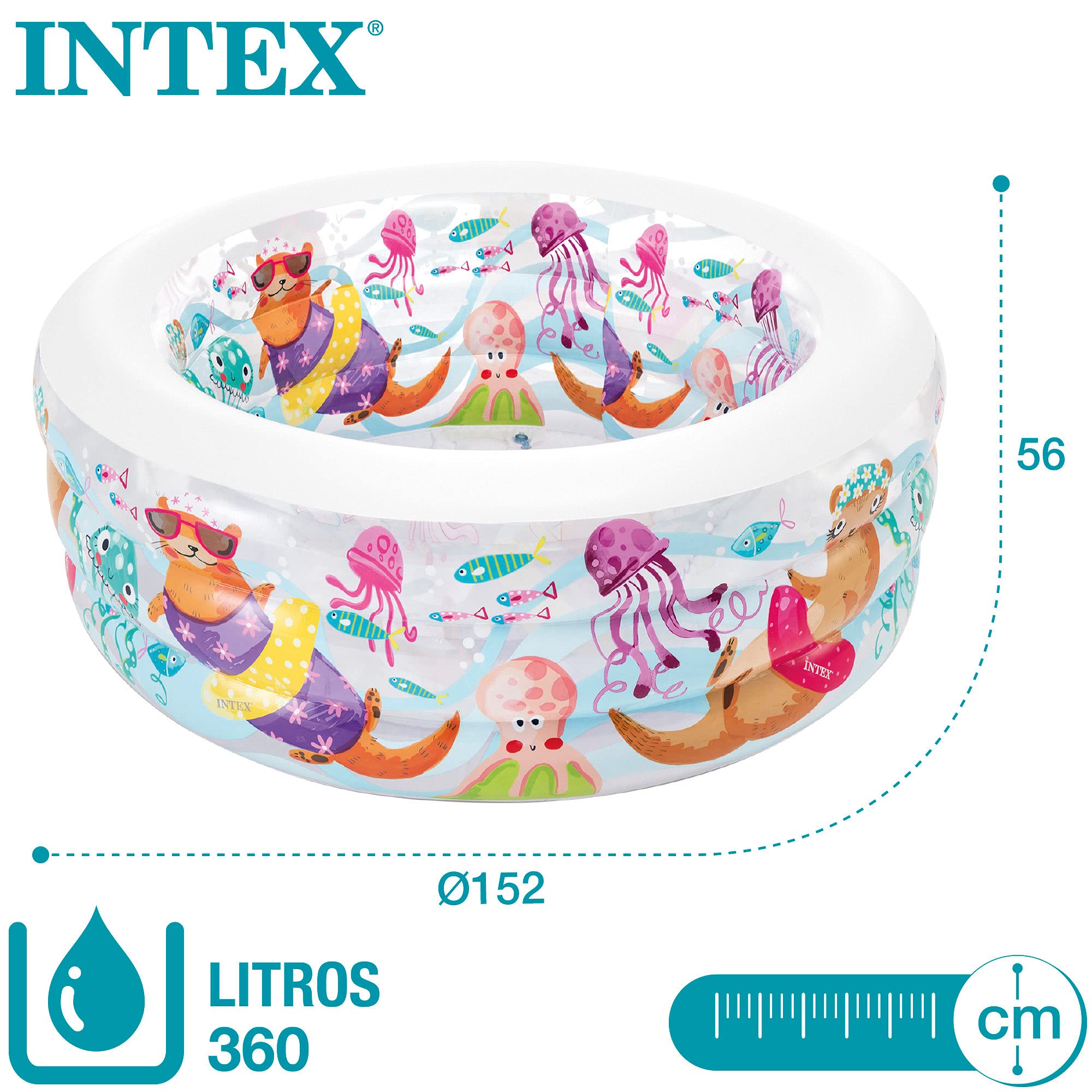 Intex Piscina Hinchable Redonda Infantil, Ø 152x56 cm, 360 litros, Suelo Hinchable, Diseño Animales Marinos, Tapón de desagüe, Juegos para niños, Vinilo Resistente, Parche Incluido, +6 años (58480)