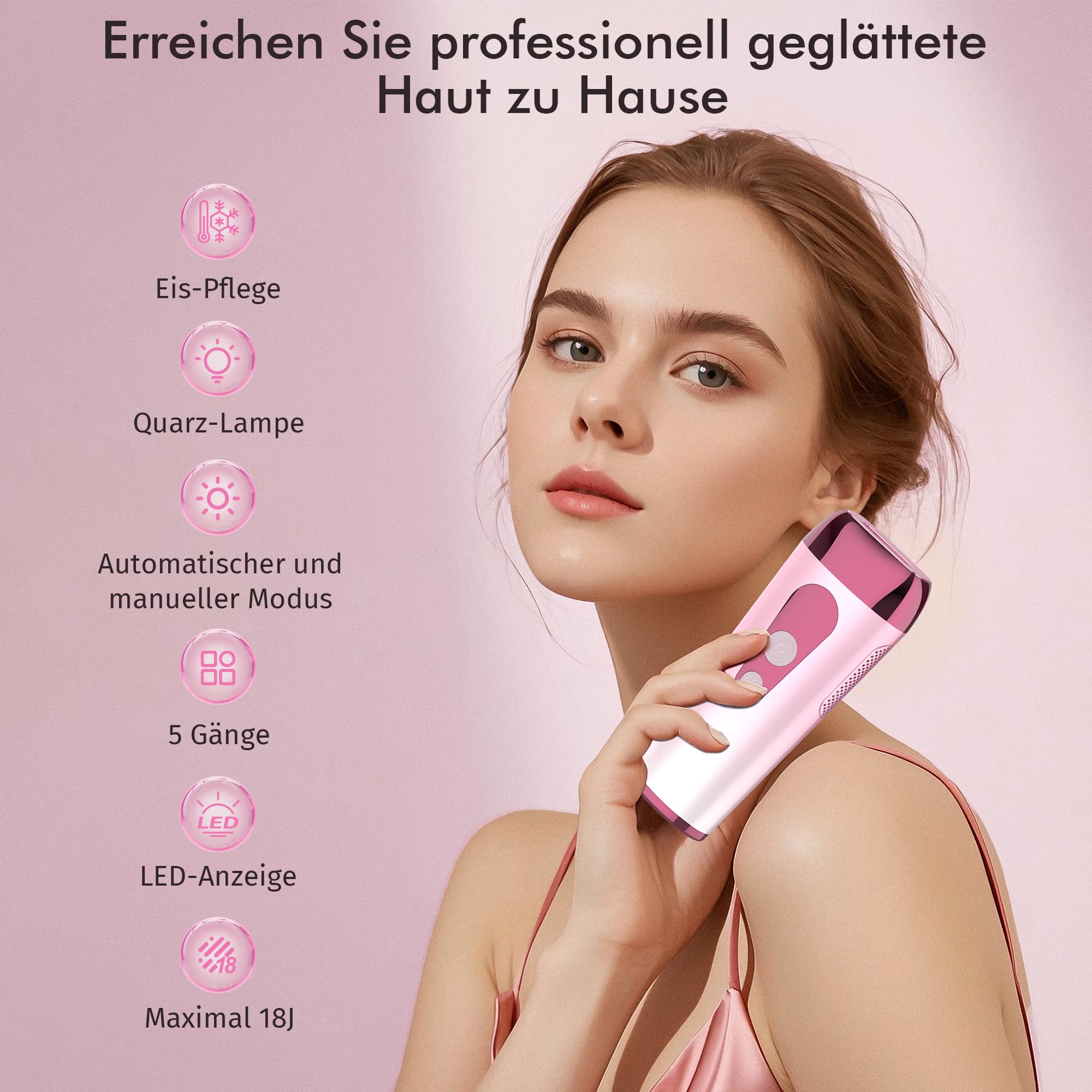 IPL Geräte Haarentfernung mit Kühlung Funktion, Schmerzfreie Laser Haarentfernungsgerät zu Hause 5 Energiestufen für Gesich Bikinibereich Körper - Rosa