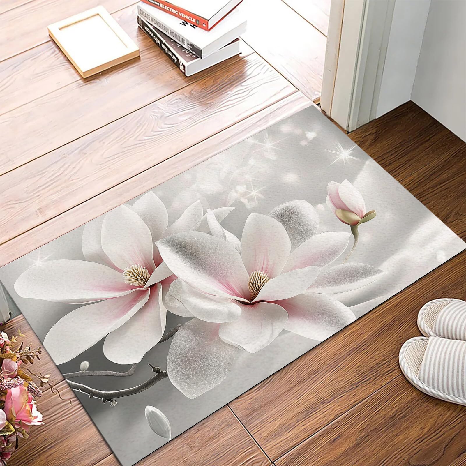 Tappetino Entrata Rosa Magnolia Scintillante Zerbino Piante Eleganti Zerbini Di Benvenuto Per Cucina Interno Terrazzo Posteriori Esterno Porte Anteriori La Casa,90X150Cm