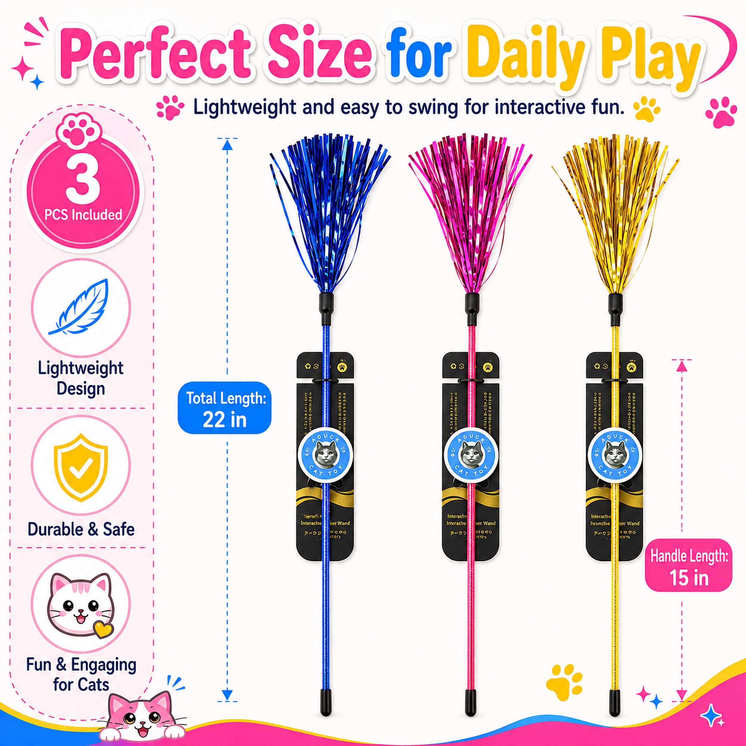 ADUCK Giocattolo interattivo per gatti, bacchetta giocattolo con nappe, cattura vermi per gatti e gattini, confezione da 3 (oro + blu + rosa)