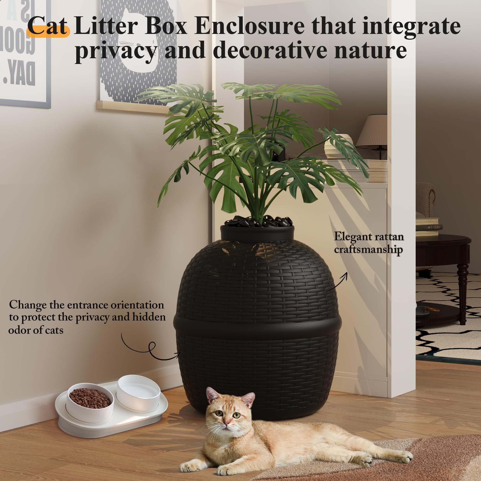 Keygarzone Hidden Litter Box with Faux Plant, Cat Litter Box Furniture with Rattan Pattern for Large Cat, Carbon Filter, Easy Assemble & Clean, Black