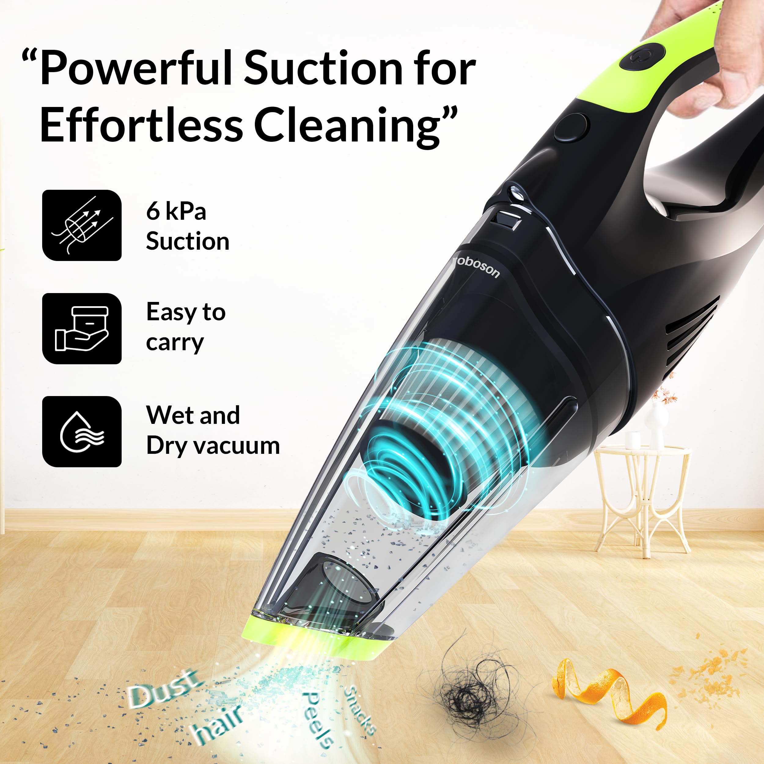 Roboson VC201 Handheld Cordless Vacuum Cleaner for Home and Car Powerful 6 kPa Suction for Dust & Pet Hair Removal, Rechargeable Wireless Wet/Dry for Bed and Sofa with LED Light