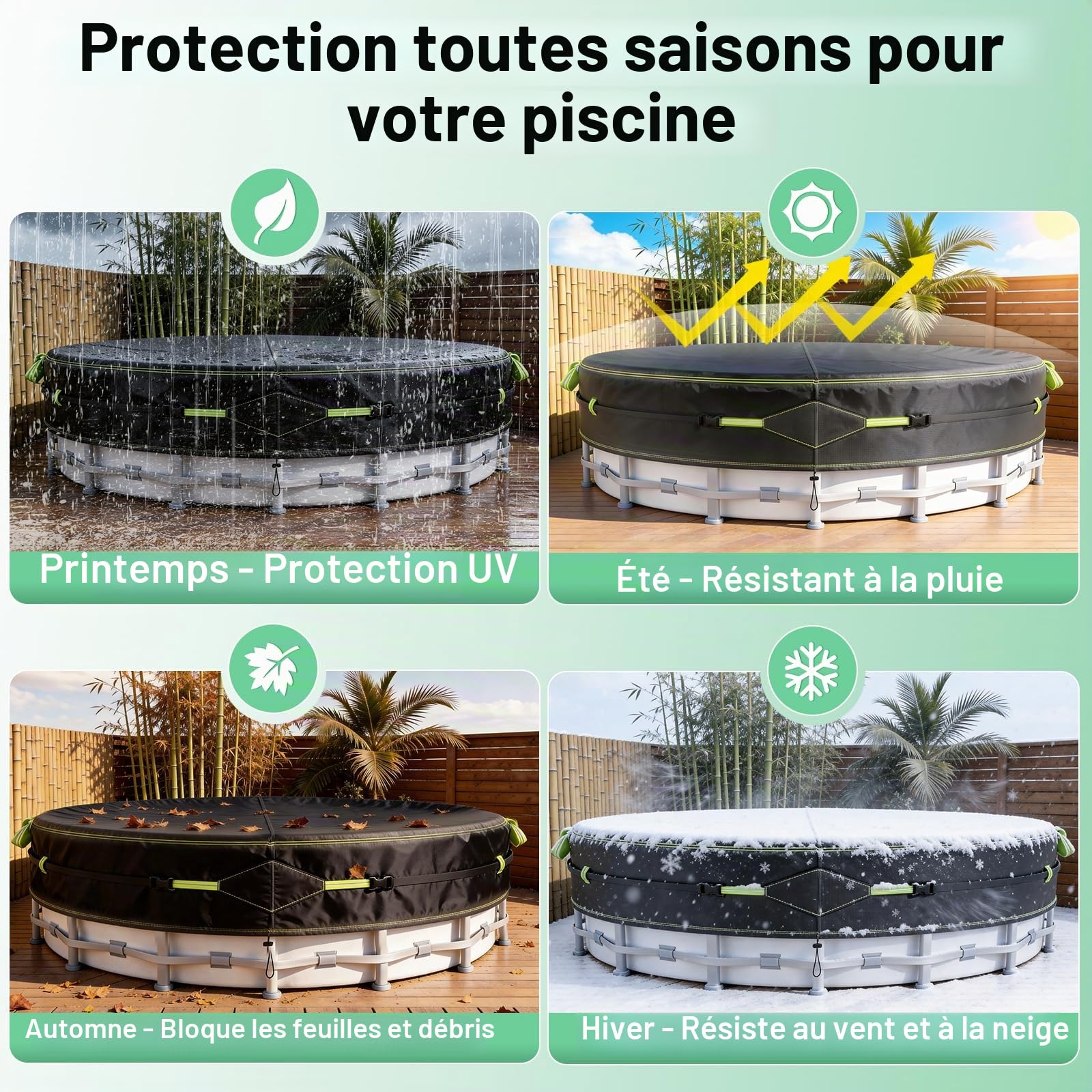 Bache Piscine,pour Piscines Hors-Sol Ø 488 cm,pour Bassins 450-486cm | Bâche Protection pour Piscine avec Bandes Réfléchissantes, Ancrages Terrestres,Couverture de Piscine, Antipoussière