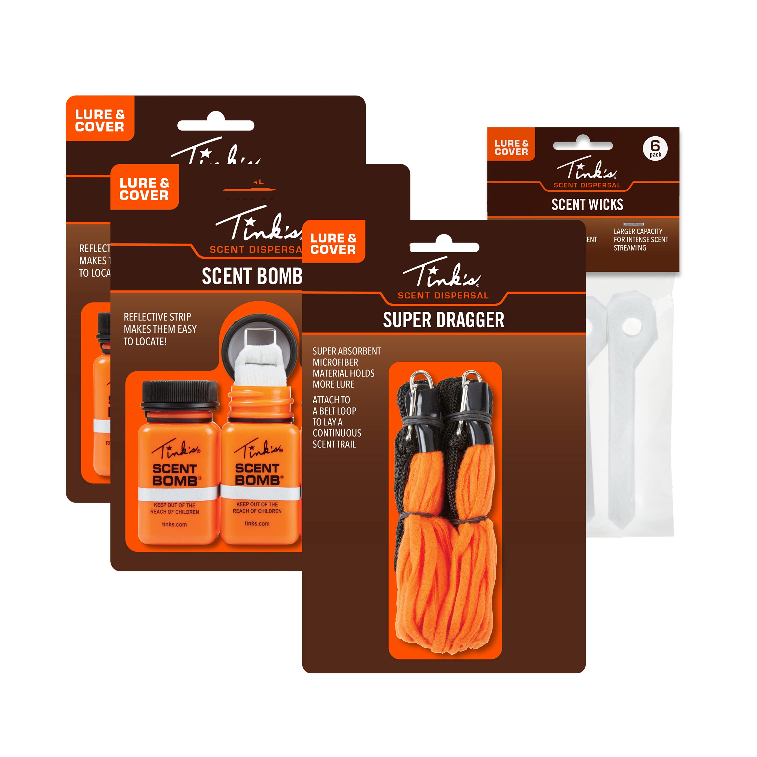 TINK'S Scent Lure Value Pack | Scent Dispensing Lures & Cover Scents, Hunting Accessories Variety Pack Includes (2) Scent Bombs, (1) Scent Dragger & (1) Scent Wicks, Use Doe Estrus
