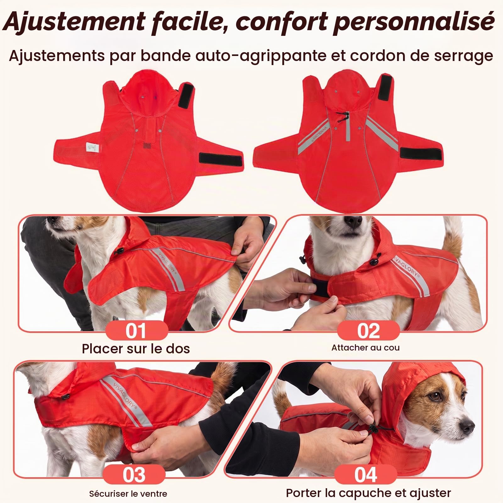 VIVAGLORY Manteau de Pluie pour Chiens Moyens, vêtements de Pluie pour Animaux faciles à Enfiler et à enlever, Gilet de sécurité réfléchissant léger et Respirant pour Chiens, Rouge