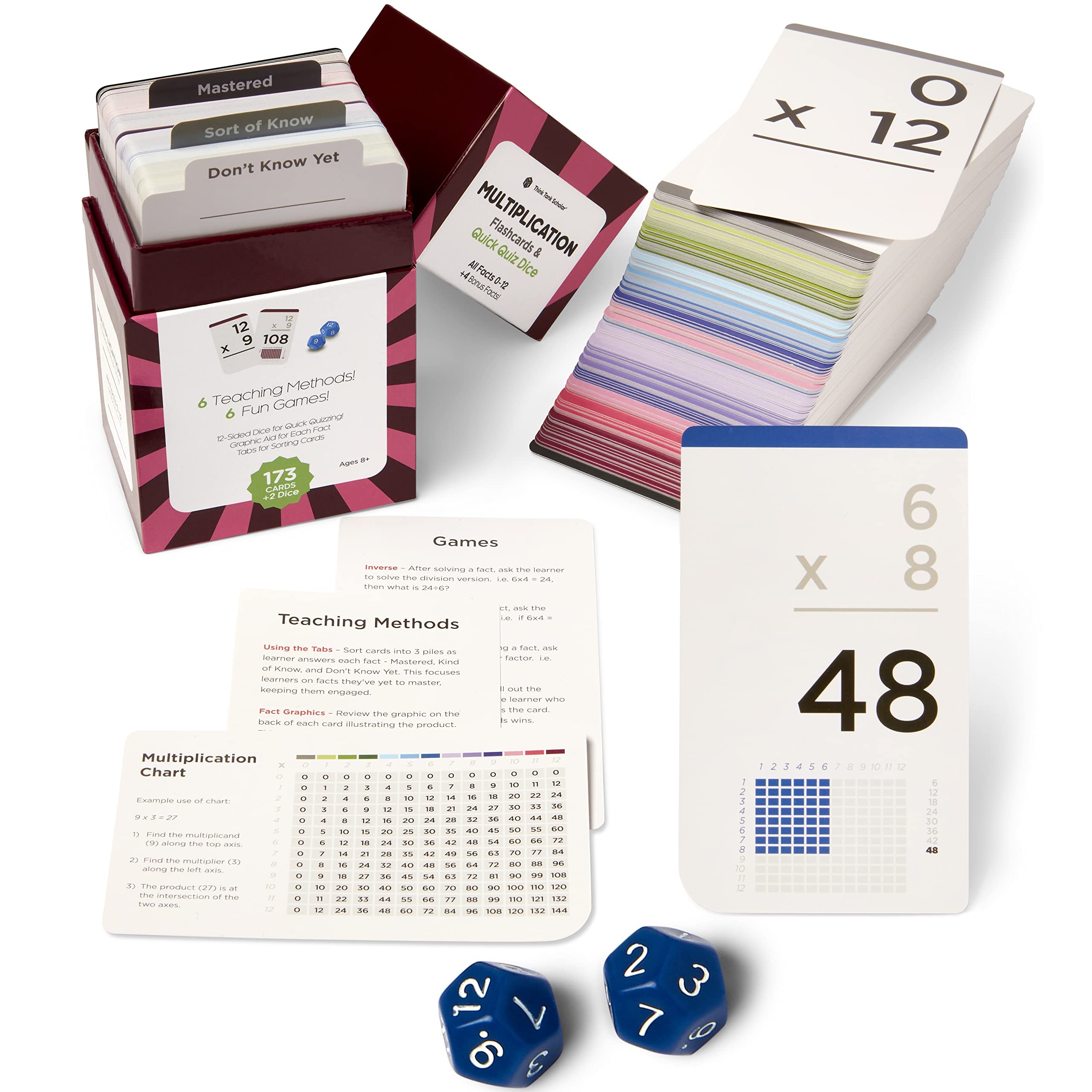 Award-Winning Multiplication Flash Cards – 173 Jumbo Cards (3.1” x 5.2”), All Facts 0–12 – 1 Fact & Visual Aid Per Card – Includes 2 Bonus Math Dice, Games, Charts & Mastery Divider Tabs – Grades 2–6
