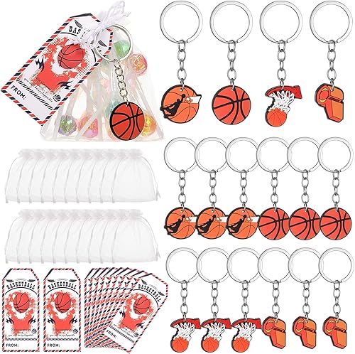 Huquary 24 juegos de regalos de fiesta de baloncesto, regalos de fiesta de baloncesto con llaveros de baloncesto, etiquetas de regalo y bolsas de
