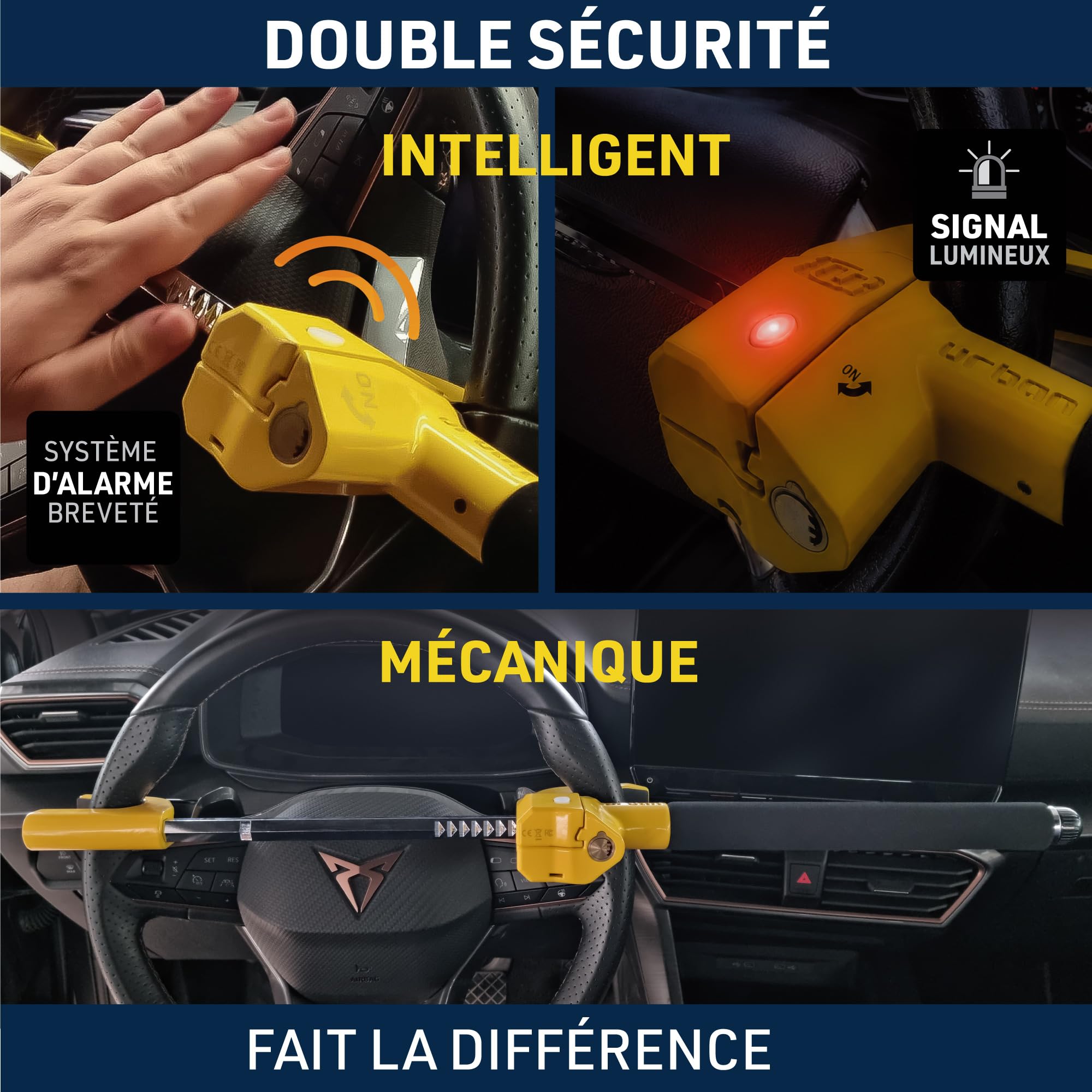 URBAN UR978Y Antivol Voiture Double Sécurité | Canne Antivol Voiture + Alarme Hi-Tech 120dB LED Warning | Sûr, Dissuassif, Résisté Tentative Vol | Bloque Volant Breveté, Barre Bloc Auto Universelle