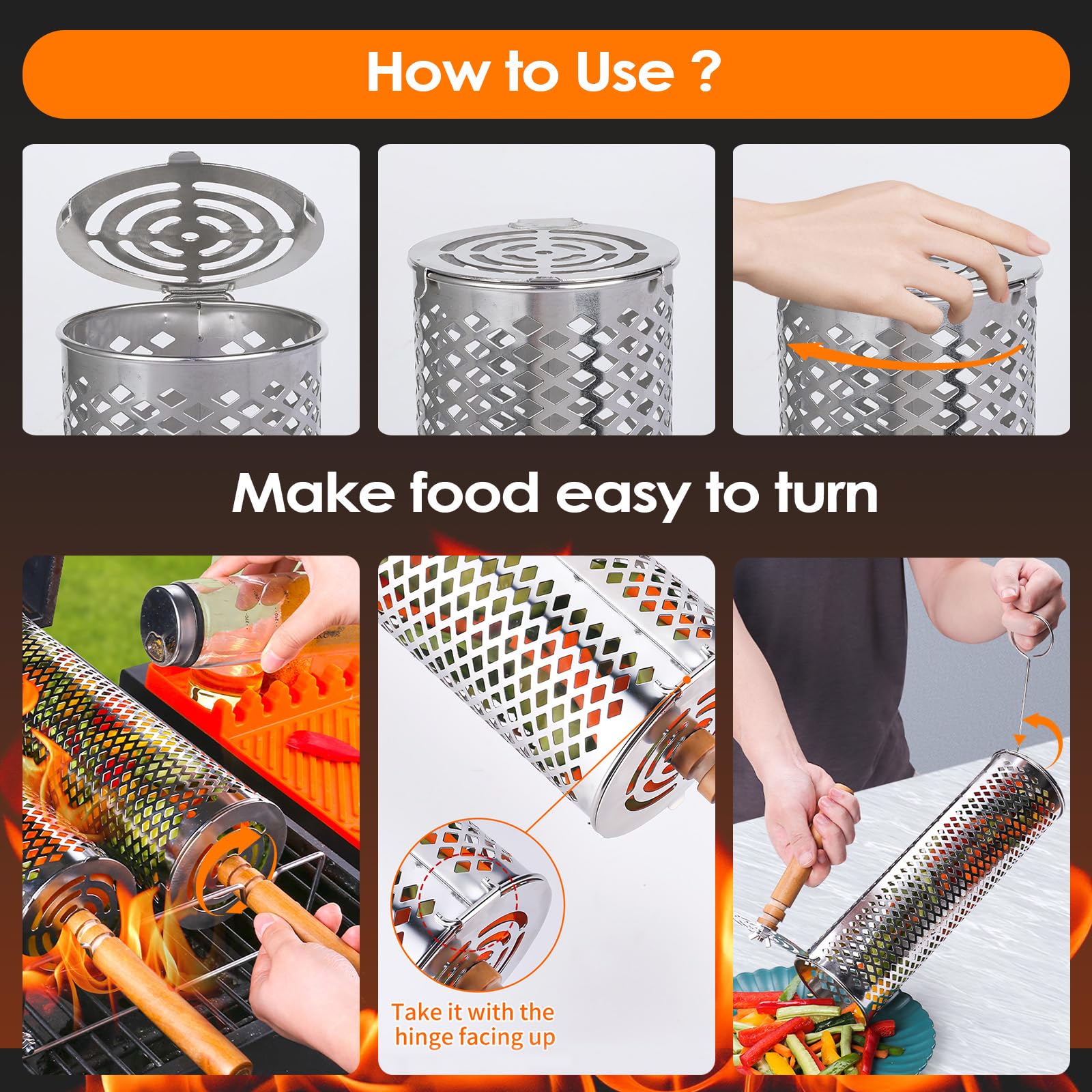 Barbecue Accessoires, 2 Paniers à Griller Roulants Emboîtables Acier Inoxydable Épaissi, Poignée Bois Amovible
