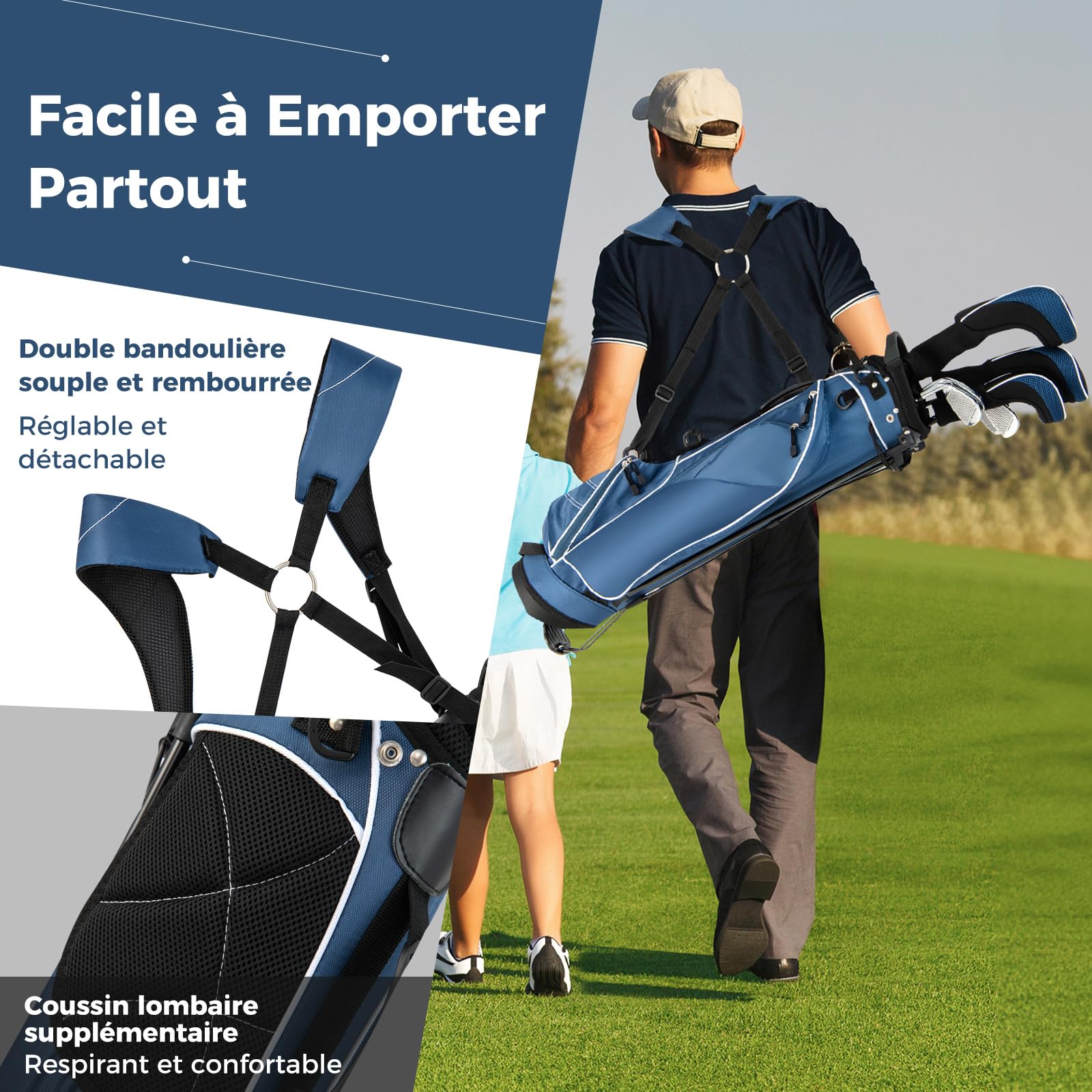 COSTWAY Sac de Golf Trépied à Compartiments à 4 Voies, Sac de Transport pour Golf avec 4 Poches Zippées Sac Isotherme Bandoulière Double, pour Club de Golf Vacances (Bleu)