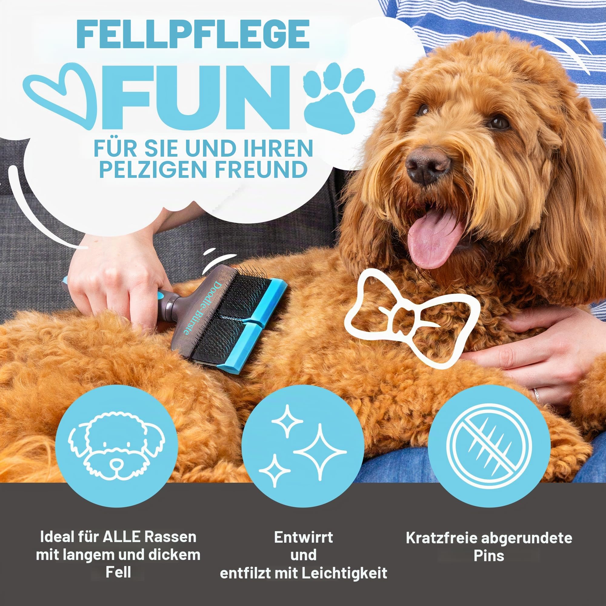 The Doodle Brush Slicker-Bürste für Hunde für Doodles & Pudel, Doppelkopf | Lange Pins, Flexibler Bürstenkopf, Sanftes Entfilzen, Lockiges Fell, Für Langhaarige Rassen, Tägliche Pflege, Goldendoodles