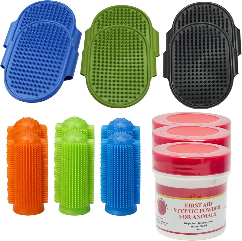 Pet Grooming & Care Kit with Styptic Powder – Dog & Cat Bath Brush, Finger Toothbrush Set, 1oz Pet Nail Stop Bleeding Powder – Complete At-Home Grooming Bundle (15, Multicolor)