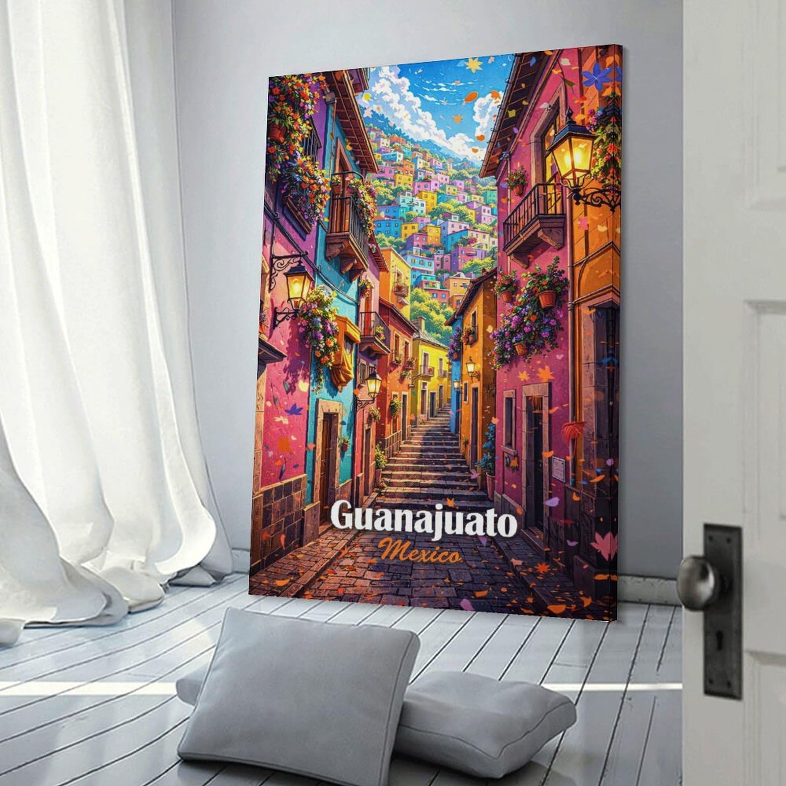 Junmoney Colorful Guanajuato Street Scene Home Decor Wall Art 16x24inch(40x60cm), for Home, Office, Studio Or Guest Room, Canvas Wall Art That Fits Changing Layouts