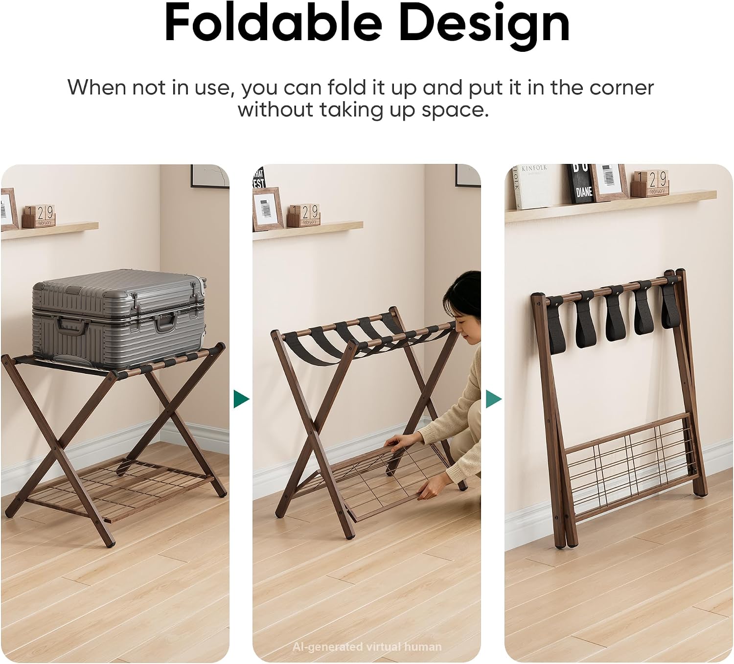 Smuxee Fully Assembled Walnut Grain Luggage Rack, Foldable Iron Suitcase Stand with 5 Nylon Straps, Luggage Holder with Shelf for Guest Room Bedroom Hotel