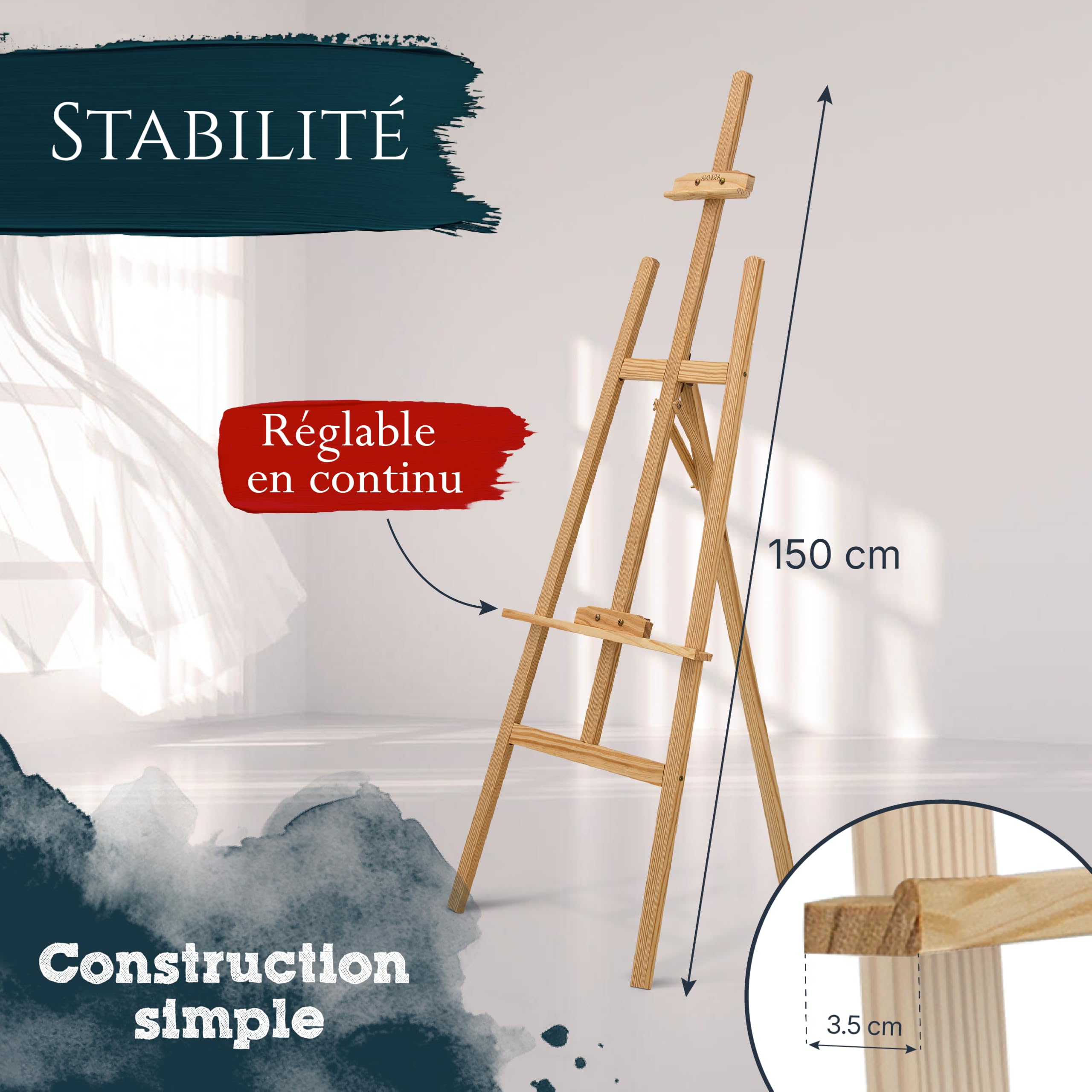 Artina 24 pcs kit peinture acrylique avec chevalet bois pour débutants | 150cm 5 toiles 8 couleurs 12ml pinceaux spatules palette coffret créatif enfants adultes réglable hauteur FSC set Corsica