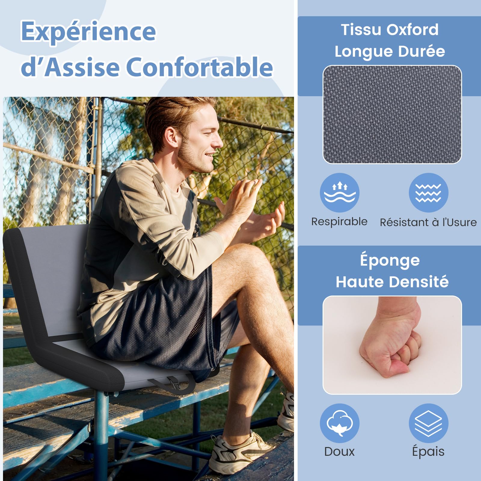 COSTWAY Coussin de Siège, Siège de Stade Rembourré, Support Dorsal et 6 Positions d'Inclinaison, Chaise de Gradin Pliable avec Poignée de Transport pour Evénements Sportifs, Concerts, Camping, Plage