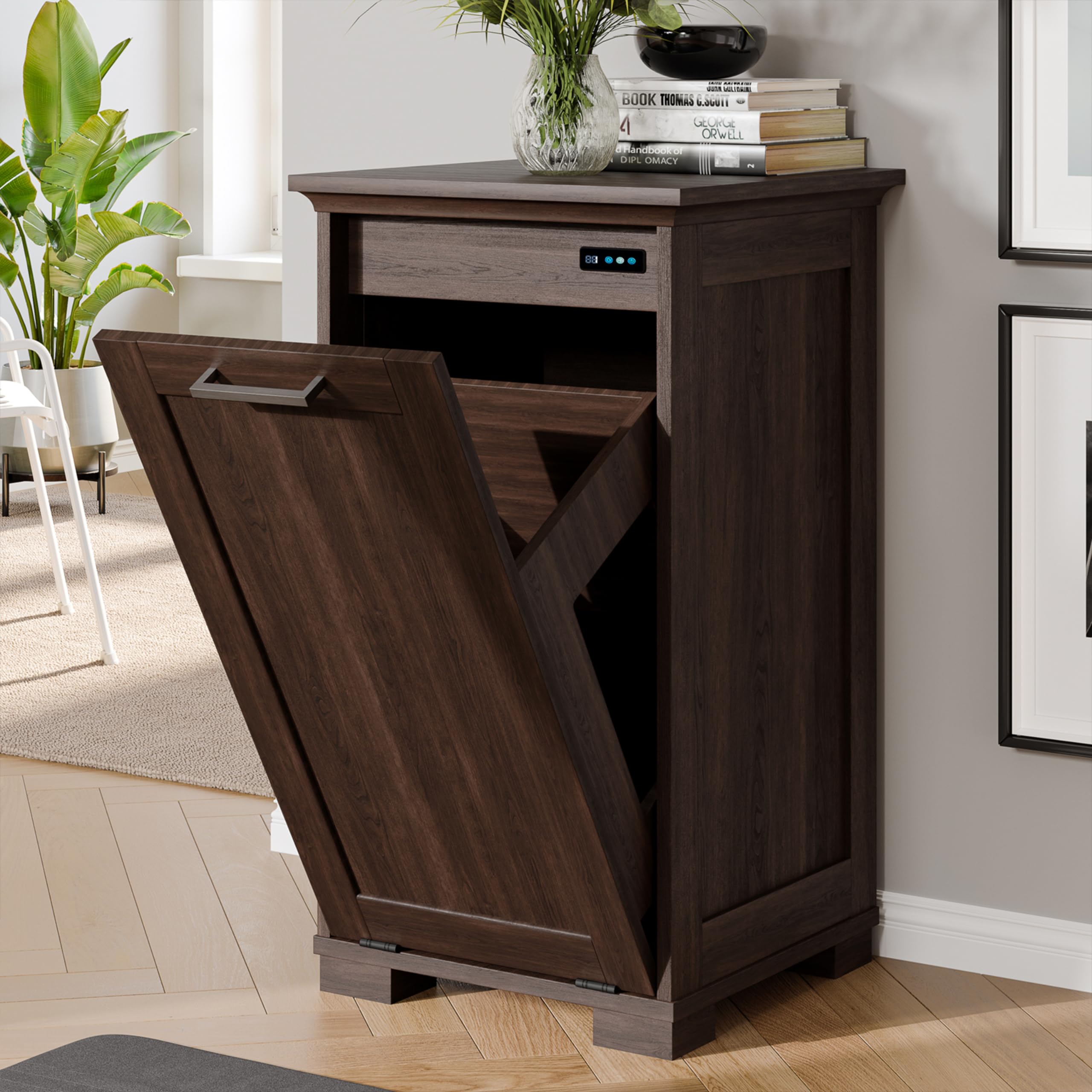 UpWiewTilt Out Trash Cabinet Wooden, Single Door 10 Gallons, Dark Walnut