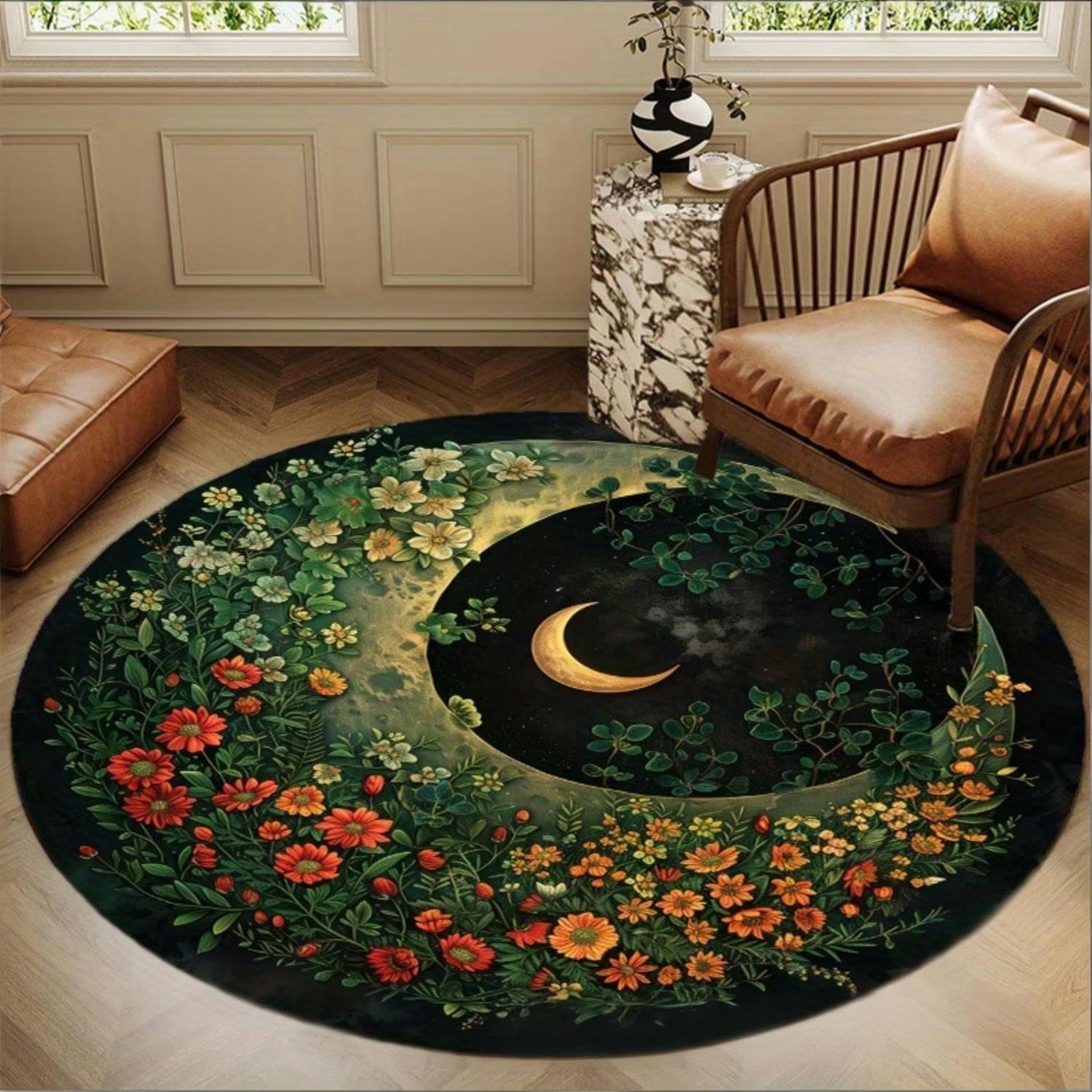 Tapis Rond 100 cm Lune Jaune Tapis d’intérieur Moderne,Moquette Doux Chambre Adulte pour Chambre Et Salon - avec Le Fond Antidérapant Et Facile d'entretien