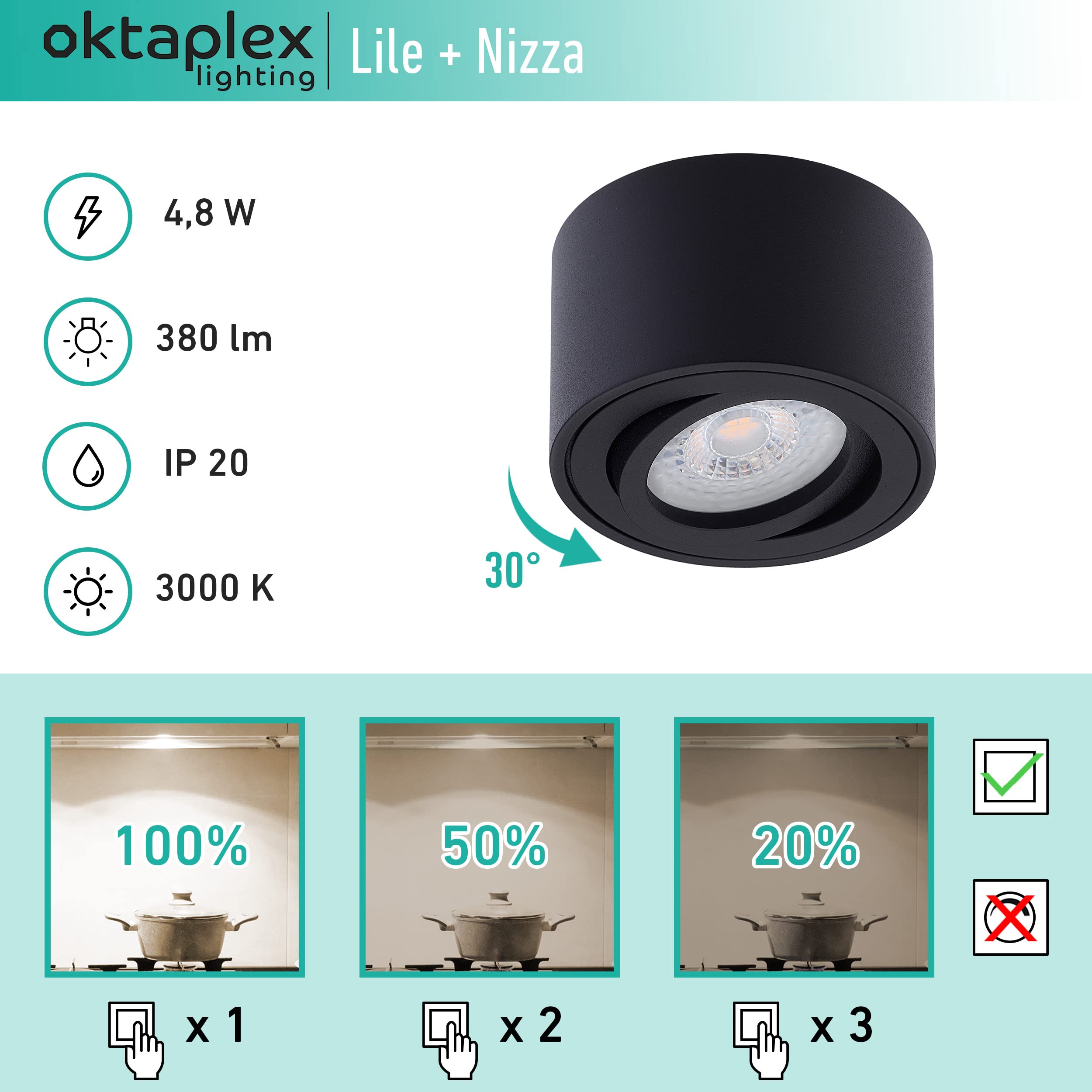 Oktaplex 6 Stück LED Aufbauspot Lile Schwarz 3-stufig dimmbar 4,8W 380lm