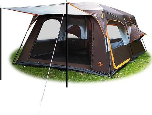 KTT Large Family Cabin Tent 10 Person,14.1X10X6.58ft,2 Rooms,3 Storage Pockets,2 Bay-Windows 3 Doors and 3 Windows with Mesh,Straight