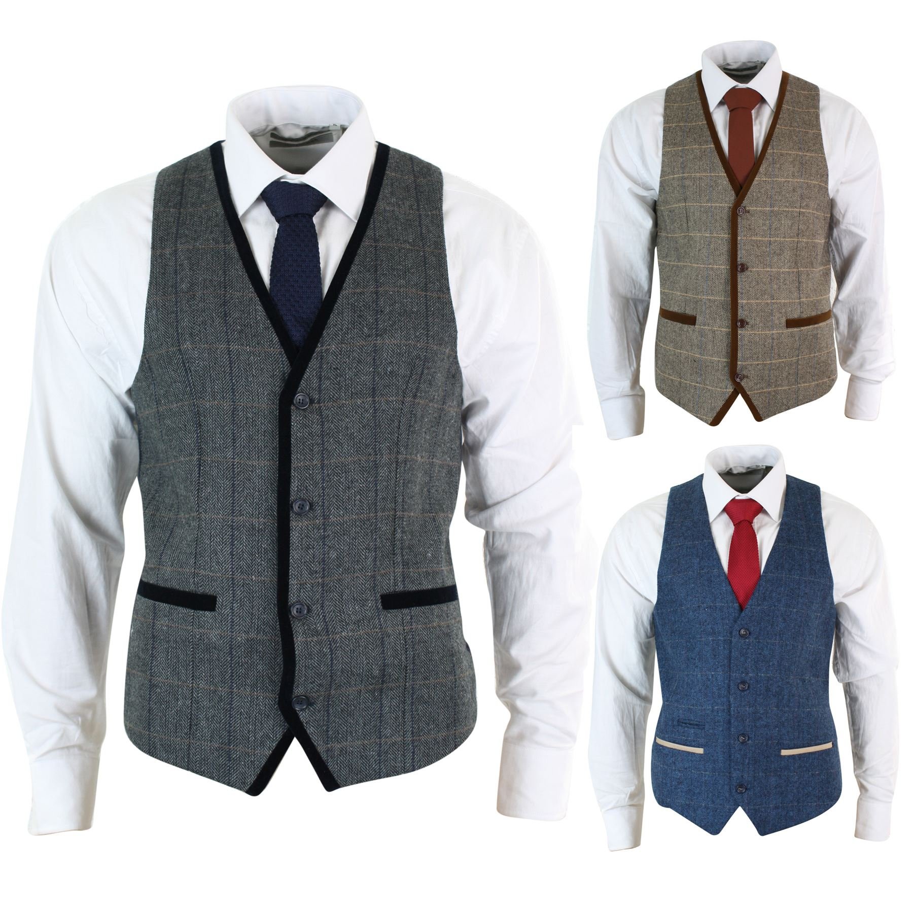 Gilet Elegante da Uomo in Tweed Blu, Blu Scuro o Nocciola e Finiture in Velluto