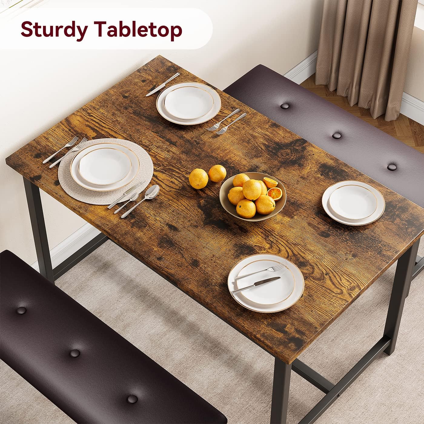 IDEALHOUSE 3 Piece Dining Table Set, Kitchen Table and Benches for 4, Rectangular Dining Room Table Set with 2 Upholstered Benches, Dining Table Set for Small Space, Apartment, Retro Brown