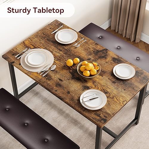 Miniatura 4 de IDEALHOUSE Juego de mesa de comedor para 4, mesa de cocina con bancos, juego de mesa de comedor rectangular con 2 bancos de madera de metal, juego