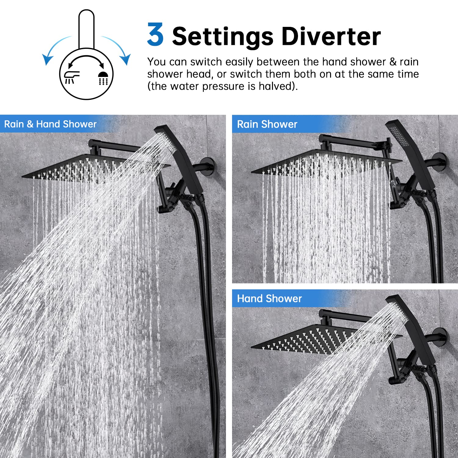 G-Promise All Metal 12 Inch Rainfall Shower Head with Handheld Spray Combo| 3 Settings Diverter|Adjustable Extension Arm with Lock Joints |71 Inches Stainless Steel Hose (Matte Black)