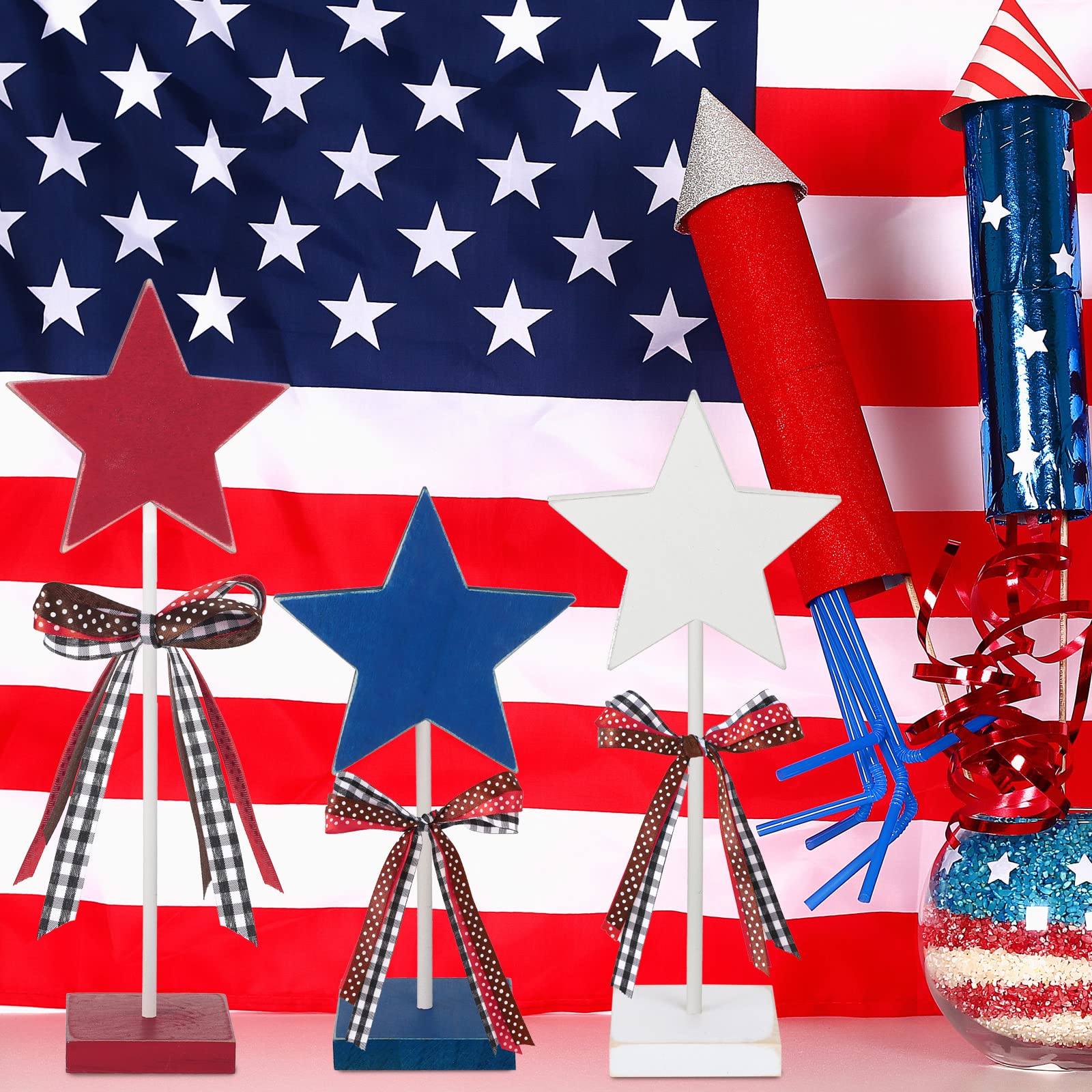 Amyhill 3 Pcs 4th of July Stars Decoration Patriotic Centerpieces Wooden Standing Star Block Memorial Day Decoration Rustic Independence Day Centerpieces for American Festival(Cute Style)