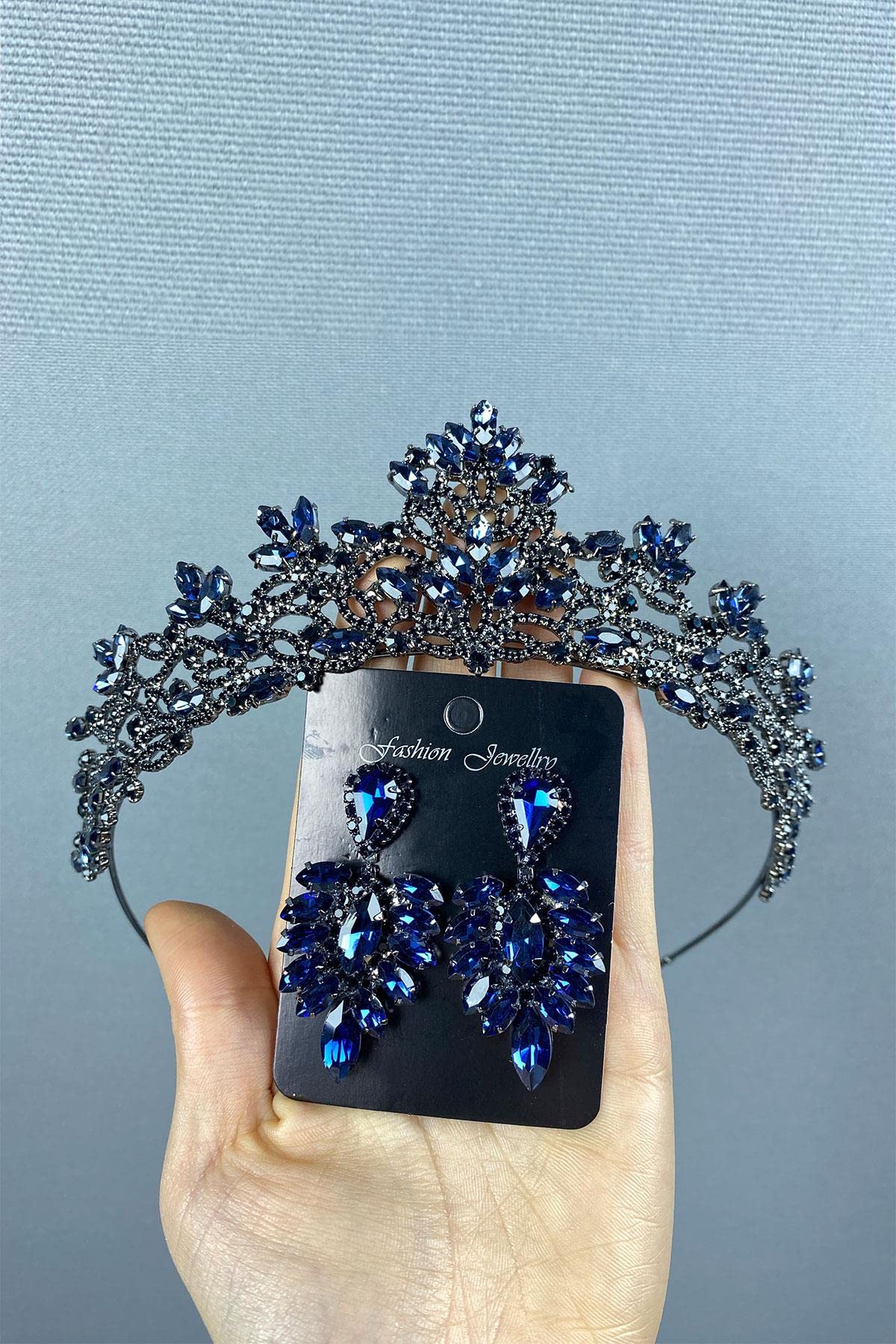 Hobigram Lacivert Melissa Model Gelin Tacı Ve İnce Mekikli Küpe Takımı