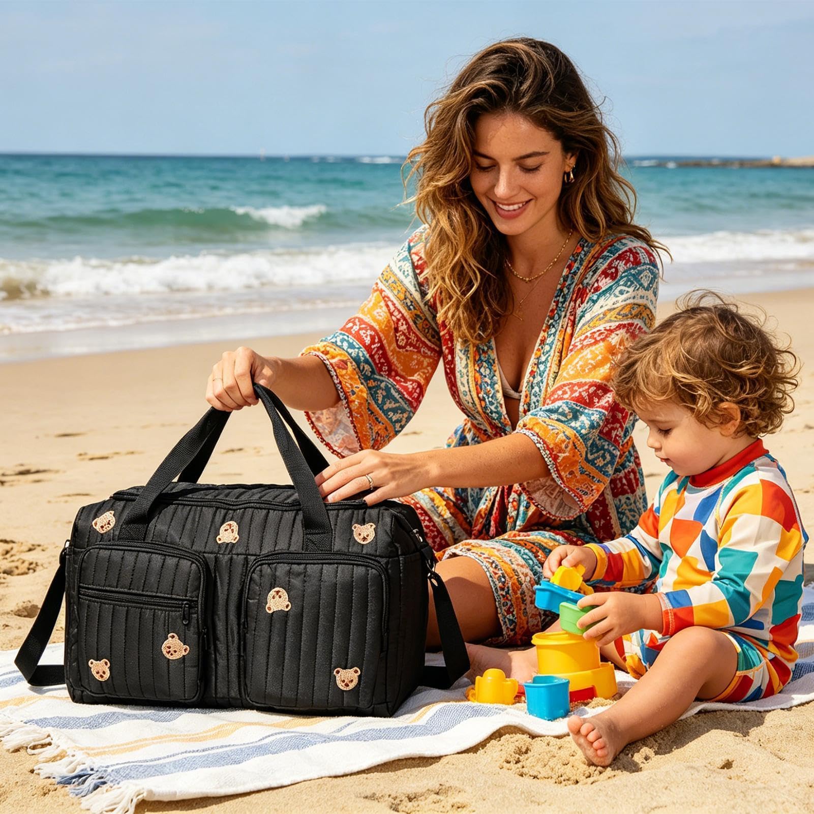 Bonita bolsa de pañales con múltiples bolsillos