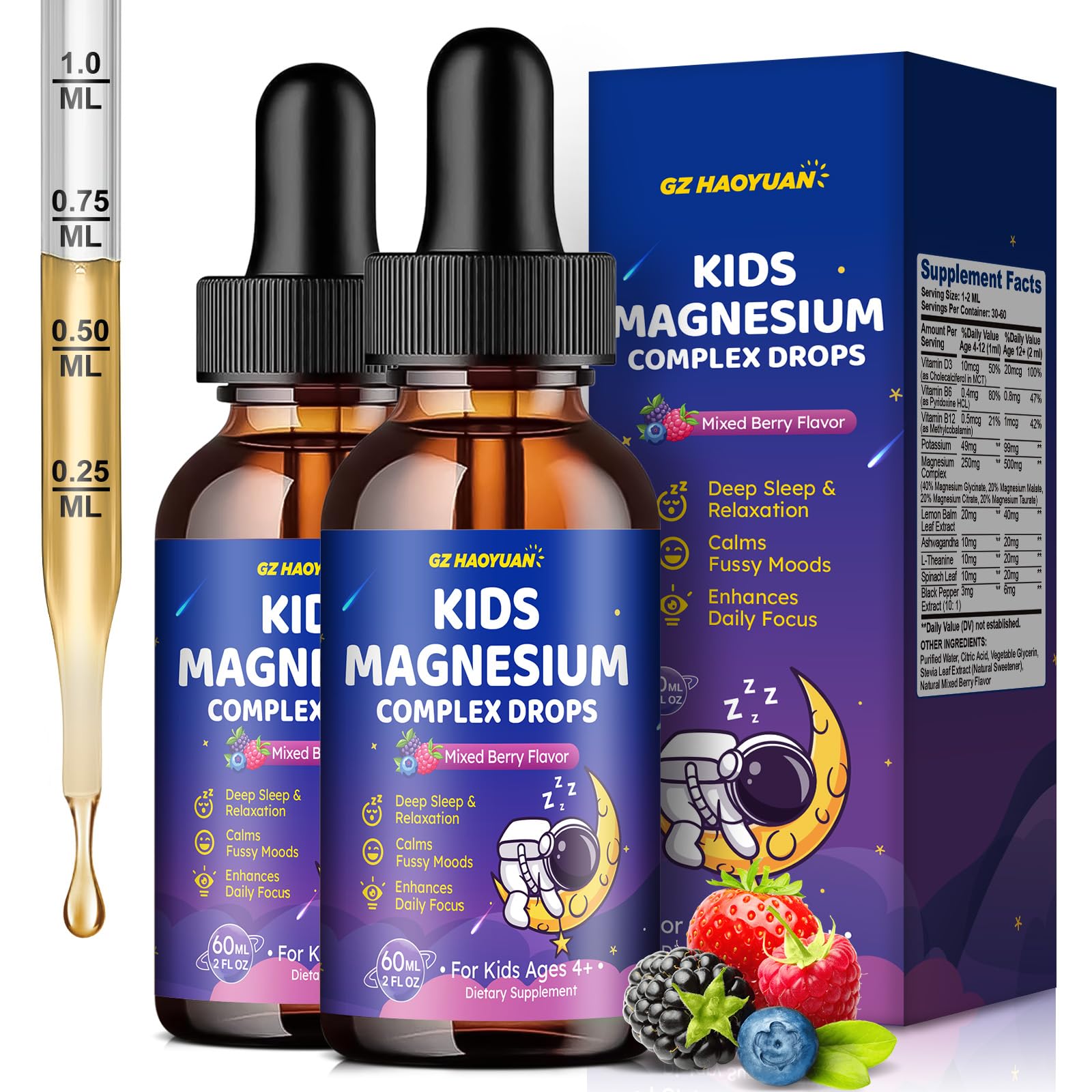 Magnesium Complex Liquid for Kids, Magnesium Glycinate, Malate, Taurate, Citrate with L-Theanine, Vitamin B6, B12, D3 Kids Liquid Drops for Sleep, Relaxation, Calm, Focus - 4 Fl Oz, Mixed Berry Flavor Mixed Berry 4 Fl Oz (Pack of 1)