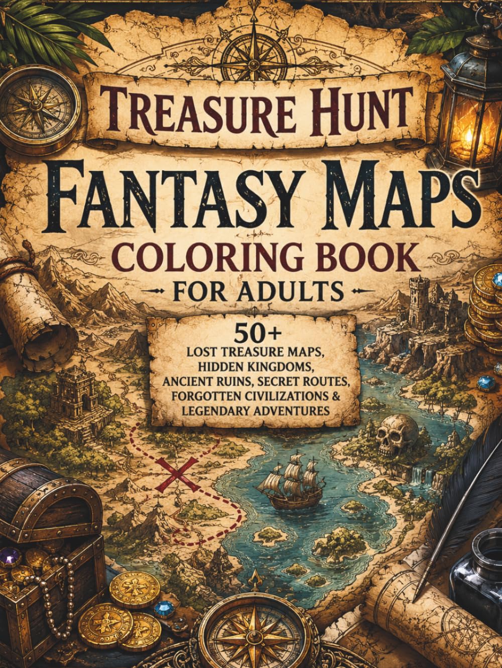 Treasure Hunt Fantasy Maps Coloring Book for Adults: 50+ Lost Treasure Maps, Hidden Kingdoms, Ancient Ruins, Secret Routes, Forgotten Civilizations & ... Escape (The Fantasy Cartography Collection)