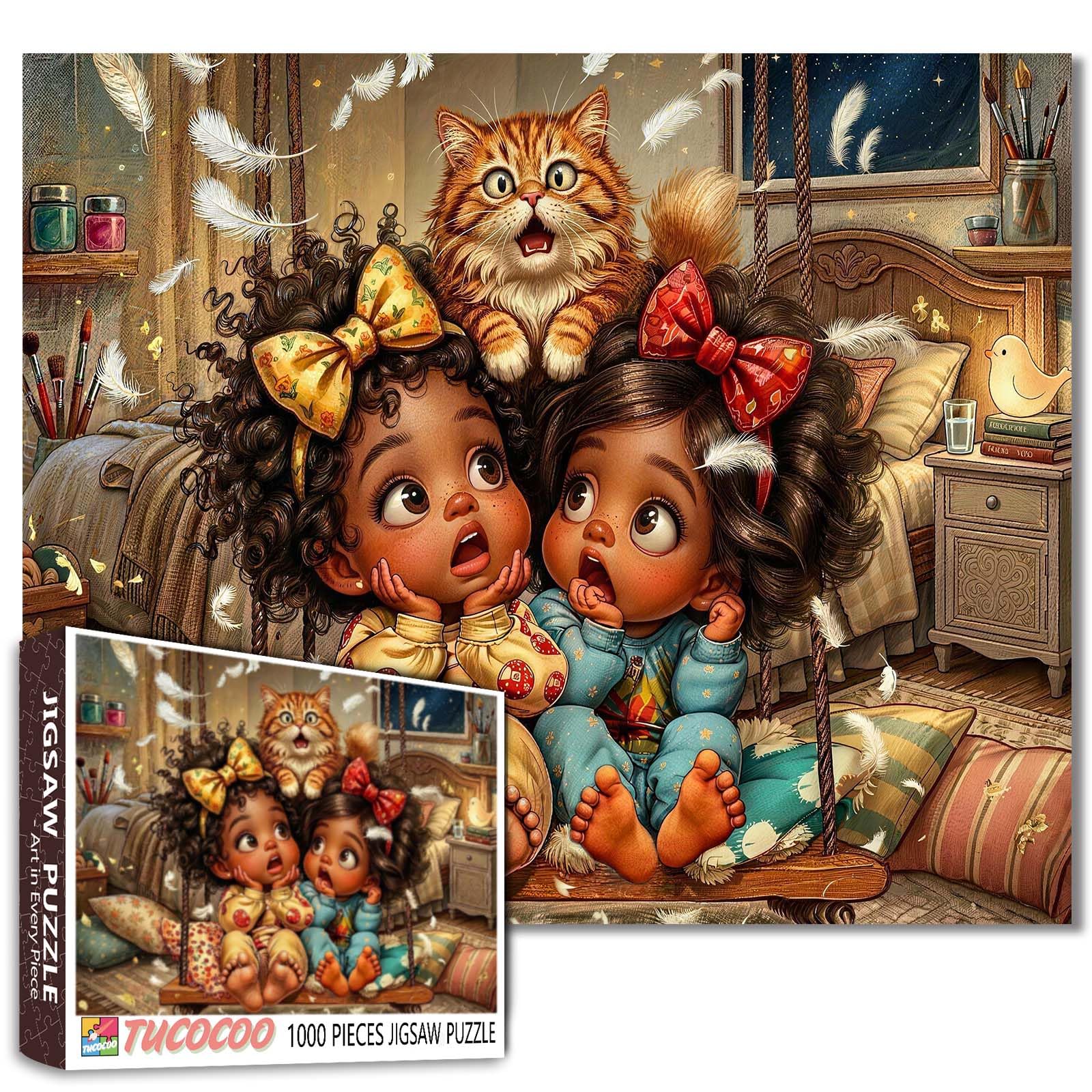 Cute Kids Puzzle Kitten Animal Jigsaw Cozy Bedroom Scene Pictures 1000 Pieces for Adults Beginner Challenging Family Activity Games Cartoon Illustration DIY Crafts Puzzle for Home Decor Gifts — image 1