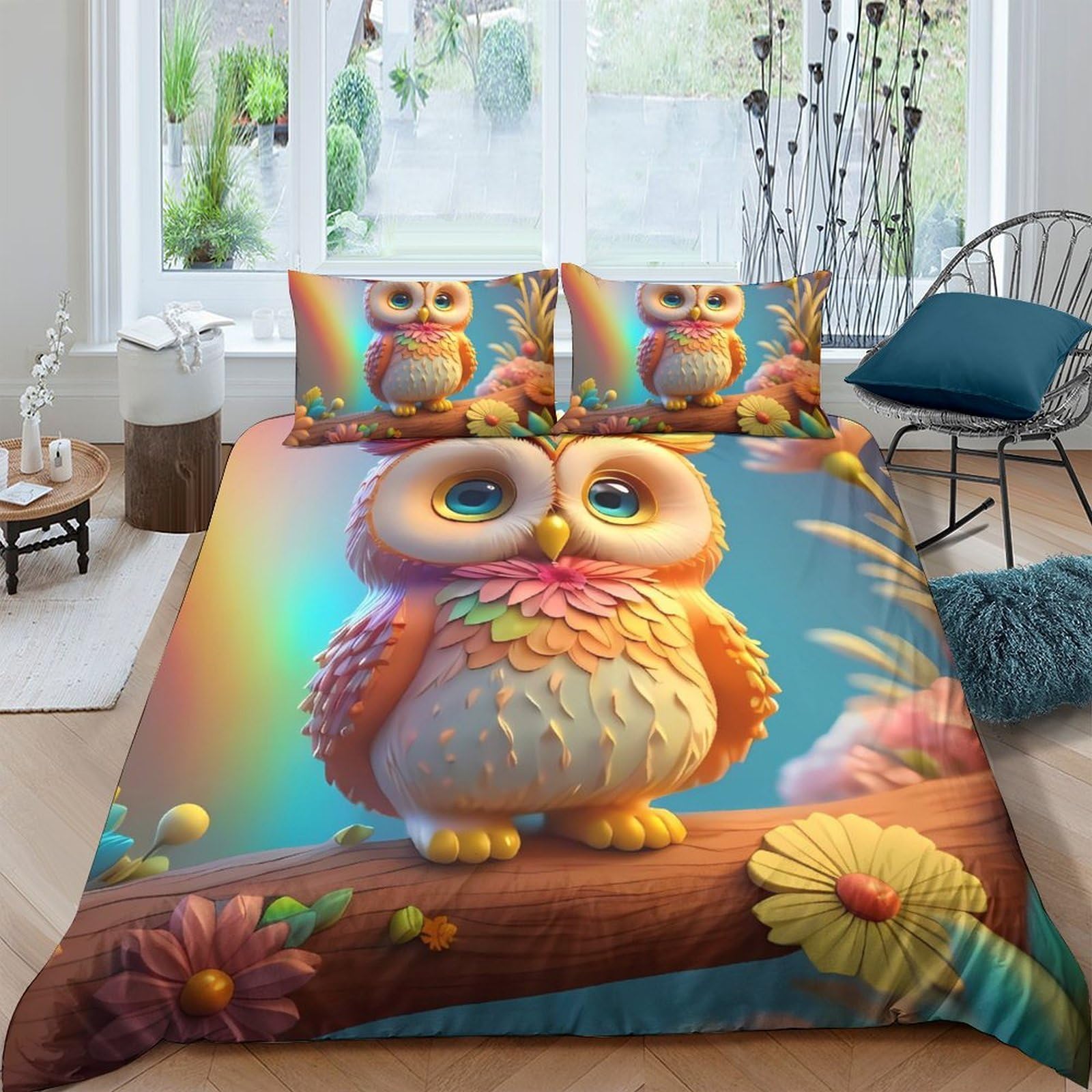 TUFRTGYHN 3D Printed Cute Owl Duvet Cover Microfiber Soft Breathable Colorful Forest Bedding Set with 2 Pillowcases for Bedroom Decor Single（135x200cm）