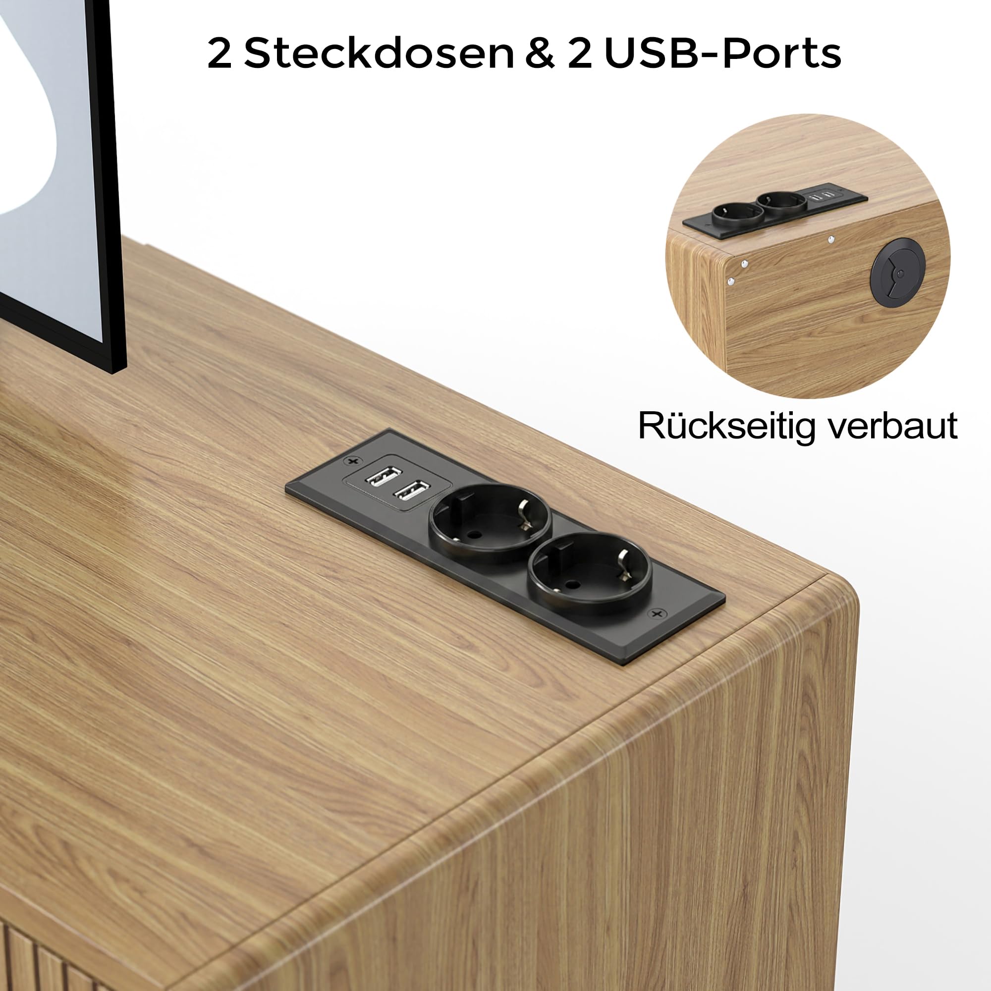 TV Schrank Holz 140cm lang – Lowboard Stehend mit 2 Staufächern & 2 Offenen Regalen, TV Sideboard Wohnzimmer für 60 Zoll Fernseher, Fernsehtisch Holz aus P2-Platte 15cm, Moderner & Landhausstil,Eiche