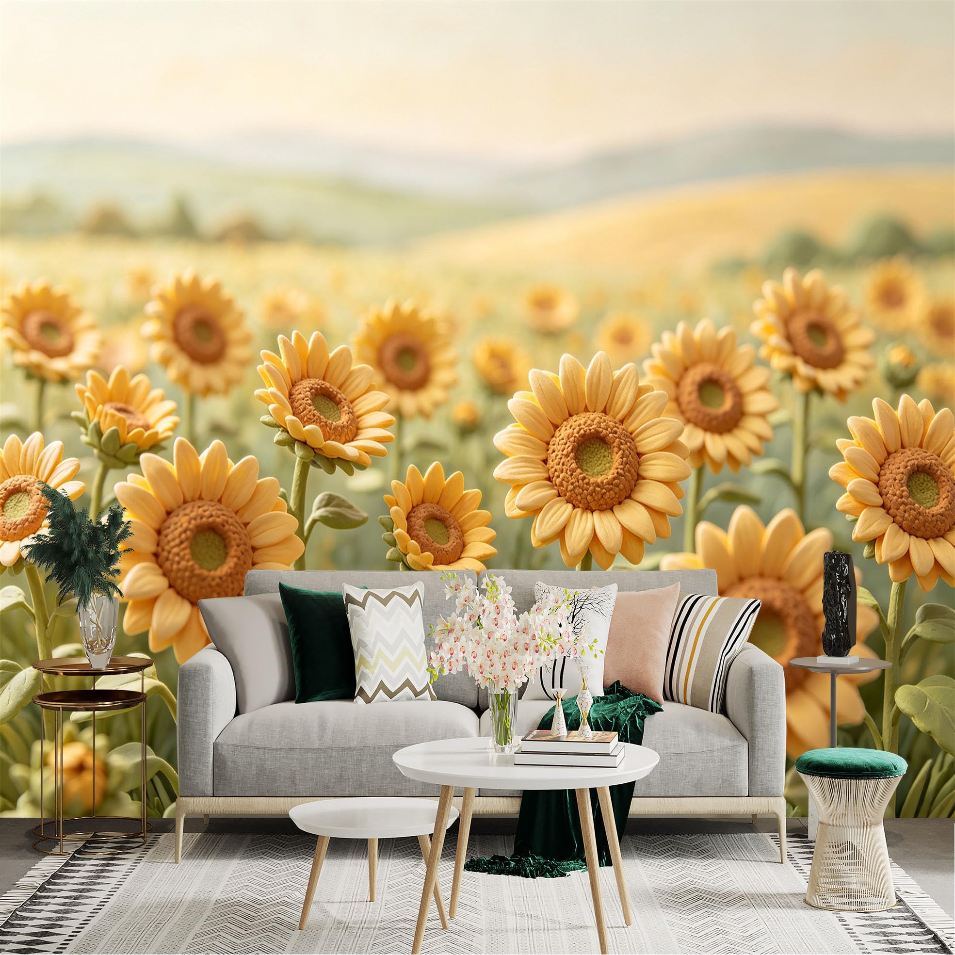 Lnzczhyre Dbh260521354 Custom Size Wall Sticker Mural， Yellow Sunflowers In Bloom， Field Of Bright Summer Flowers， Golden Petals And Green Leaves， For Wall Decoration， Peelandstick Wall Decals.