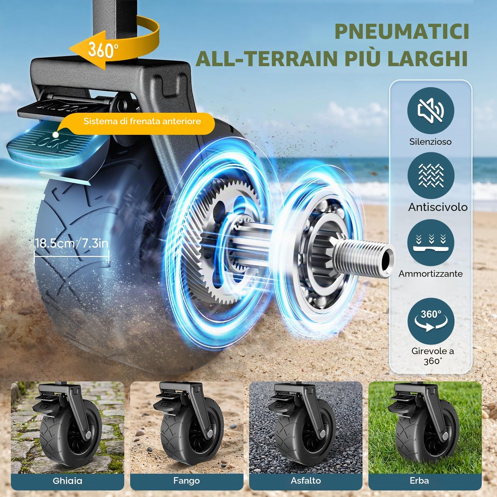 100L carrellino spiaggia, carrello spiaggia ruote grandi ad alta portata, grandi ruote fuoristrada, capacità 100KG carrello con ruote portatutto spiaggia per Giardino, Campeggio, Spese